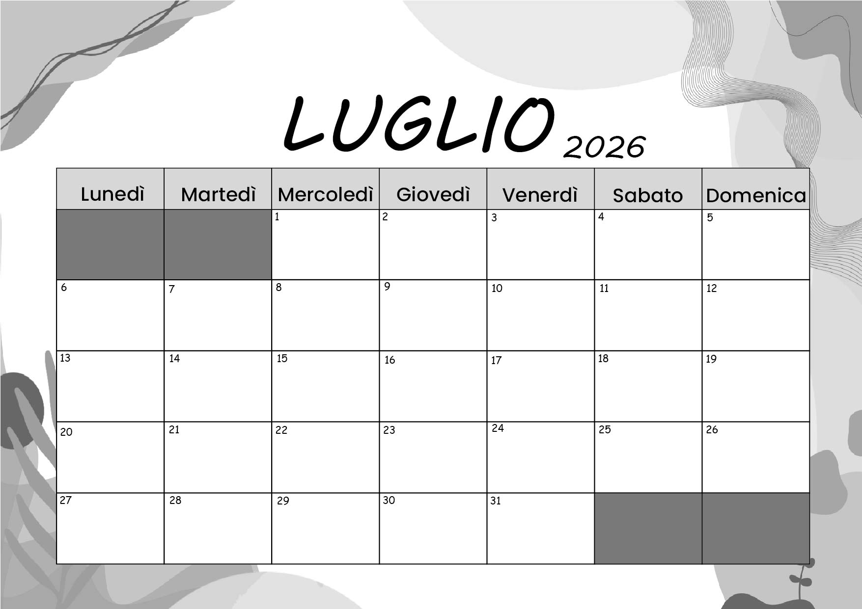 Calendario di Luglio 2026 da stampare in PDF