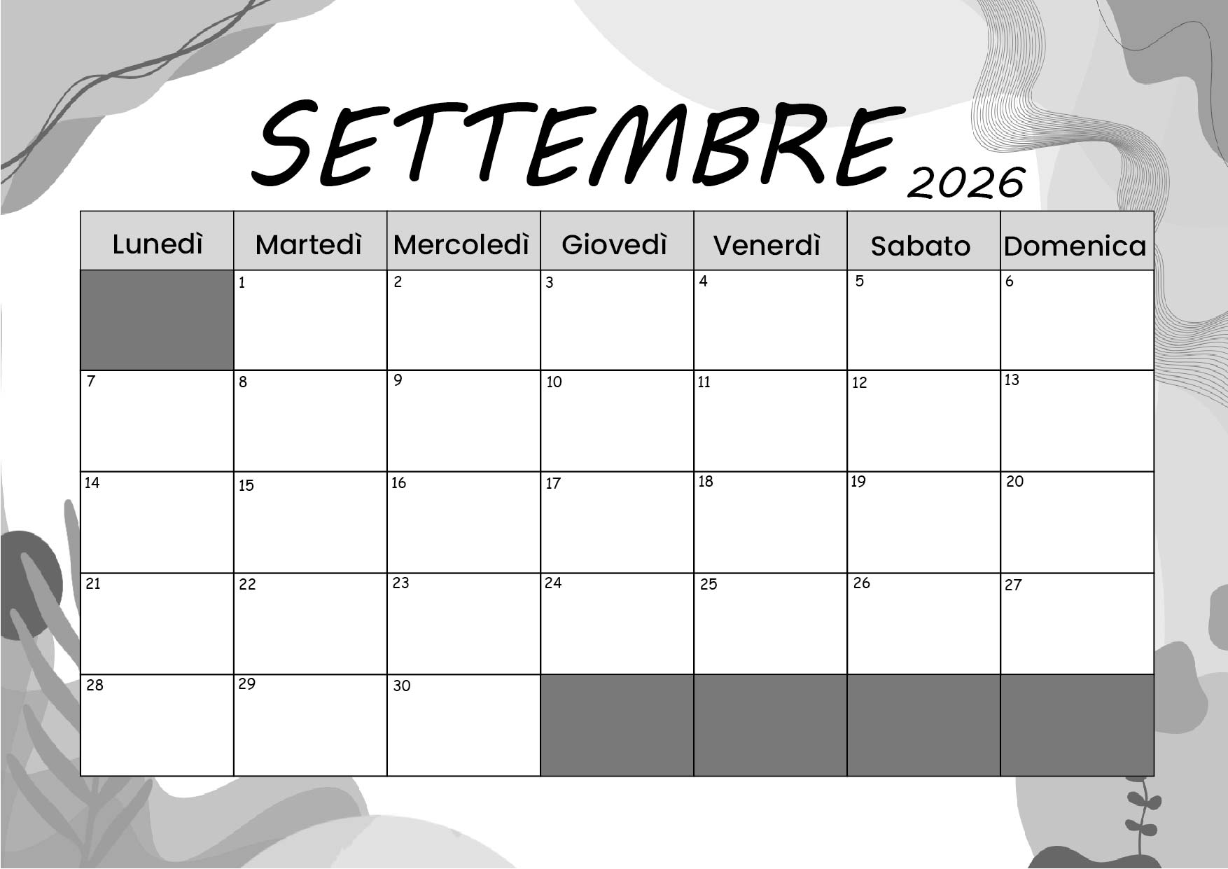 Calendario Settembre 2026 da stampare