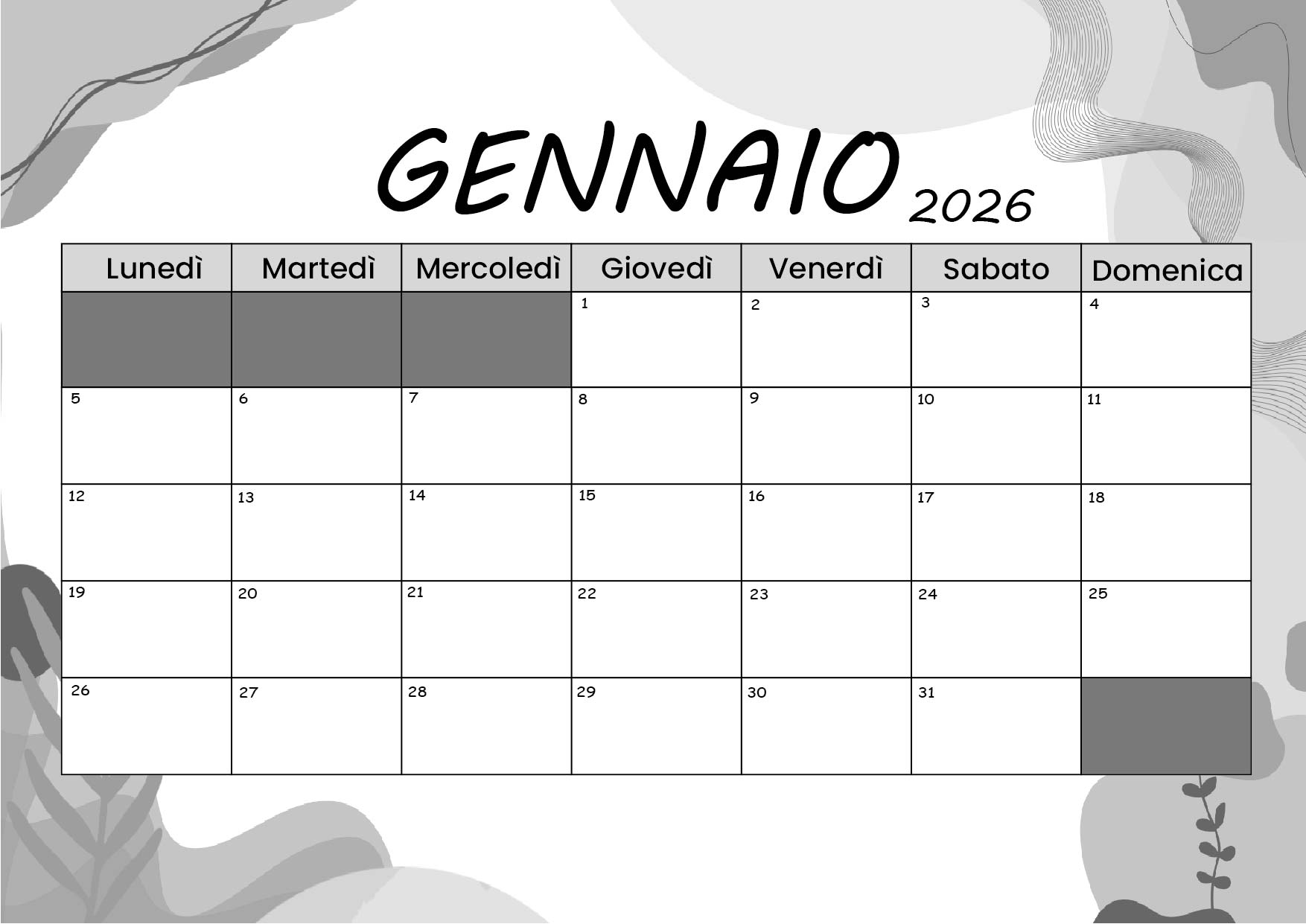 Calendario Gennaio 2026 da stampare