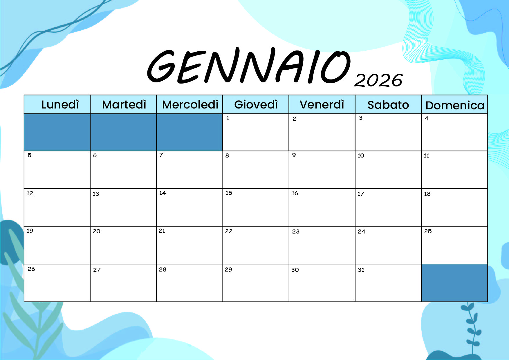 Calendario Gennaio 2026 da stampare