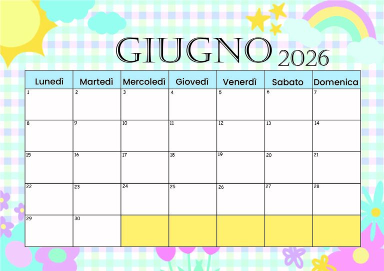 Calendario Giugno 2026 da stampare