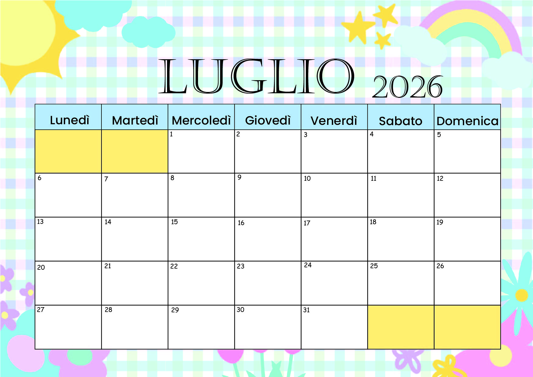 Calendario di Luglio 2026 da stampare in PDF