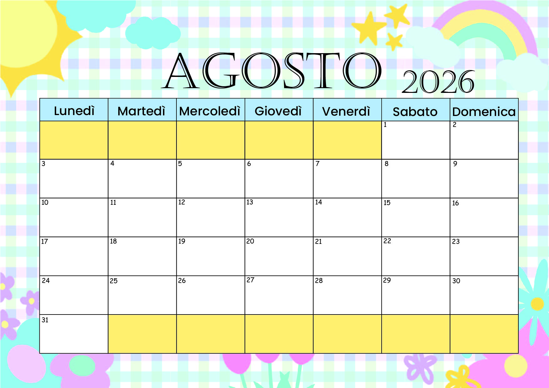Calendario Agosto 2026 da stampare