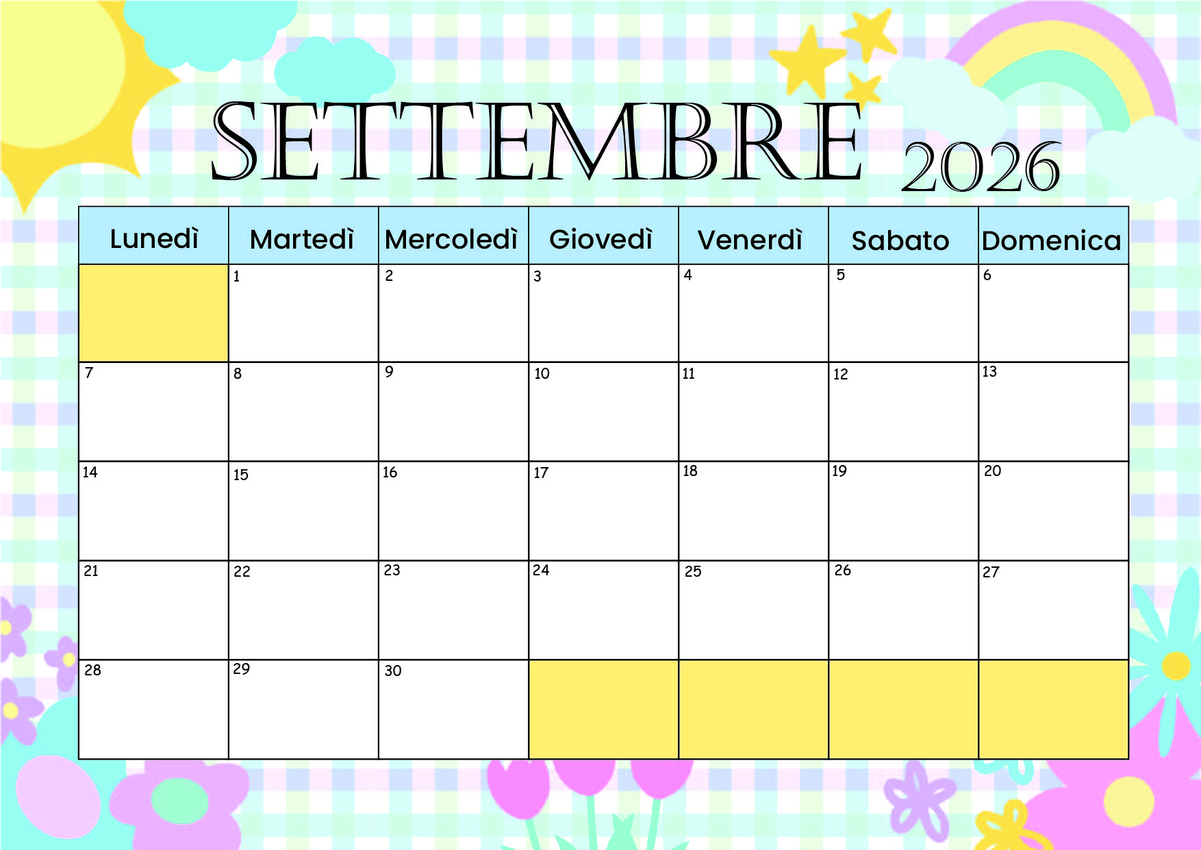 Calendario Settembre 2026 da stampare