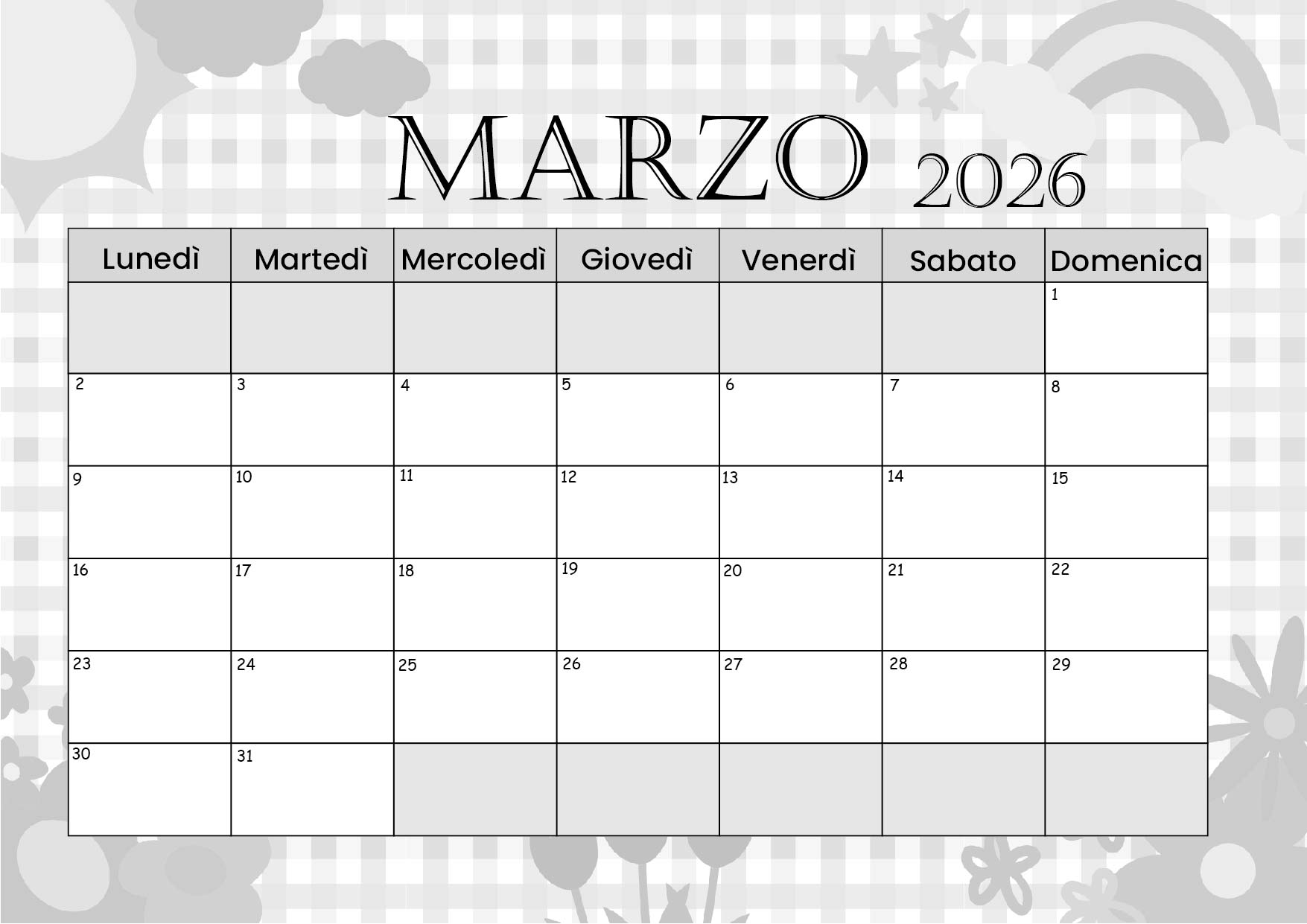 Calendario Marzo 2026 da stampare
