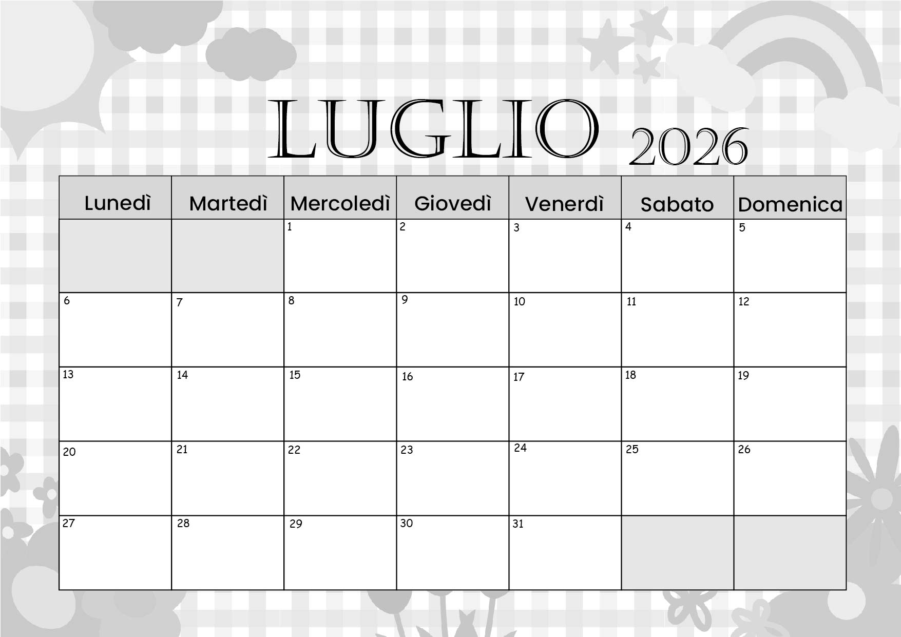 Calendario di Luglio 2026 da stampare in PDF
