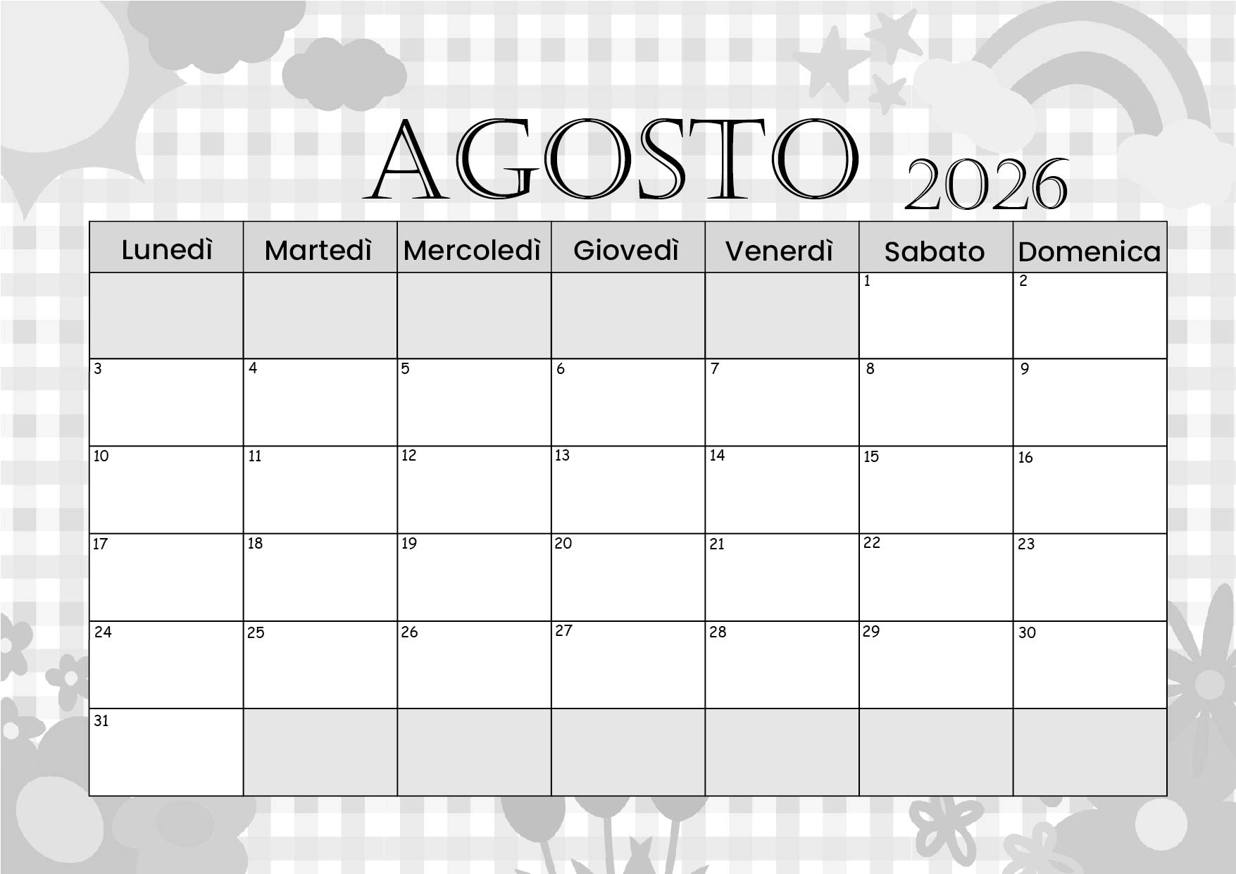 Calendario Agosto 2026 da stampare