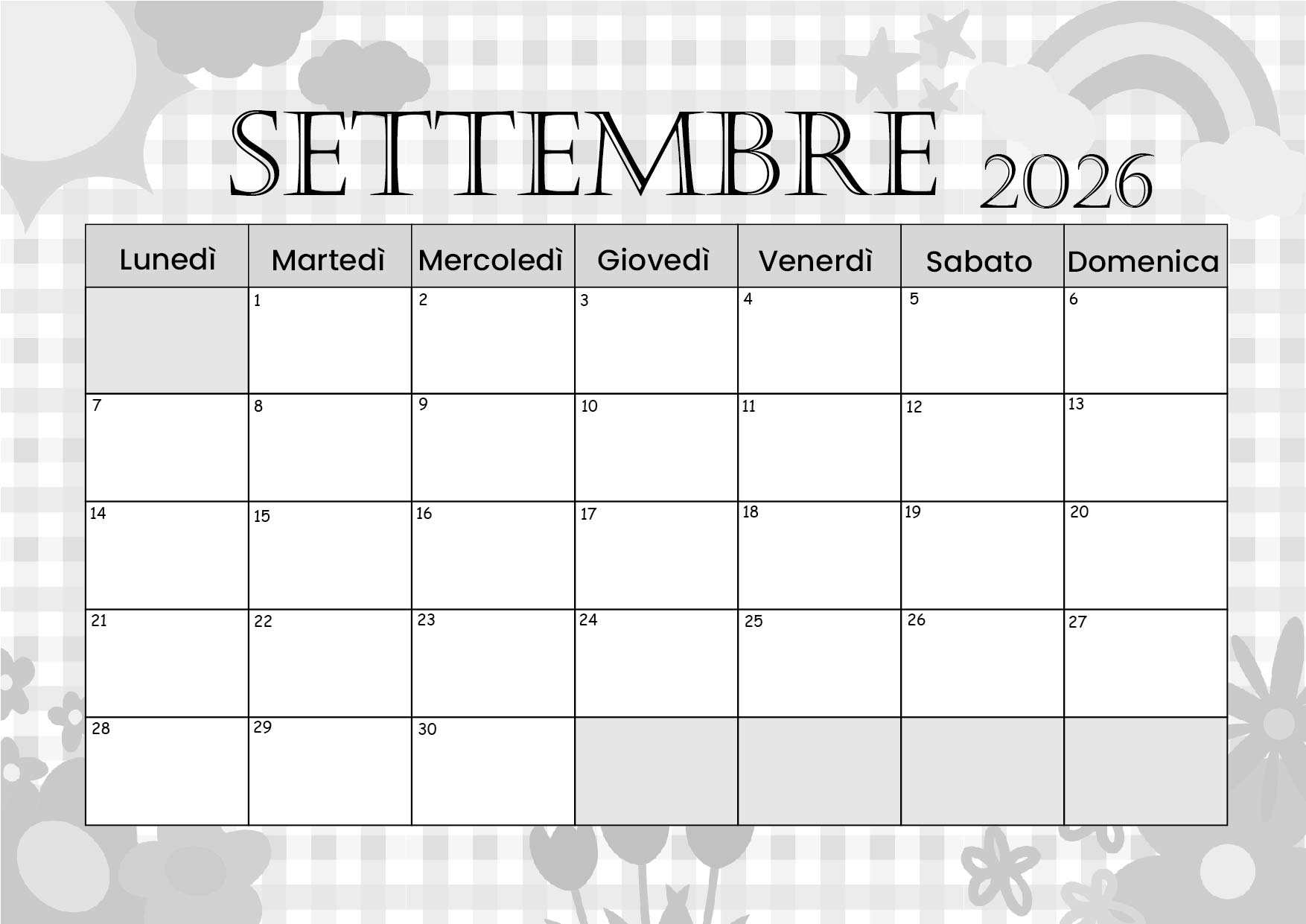 Calendario Settembre 2026 da stampare