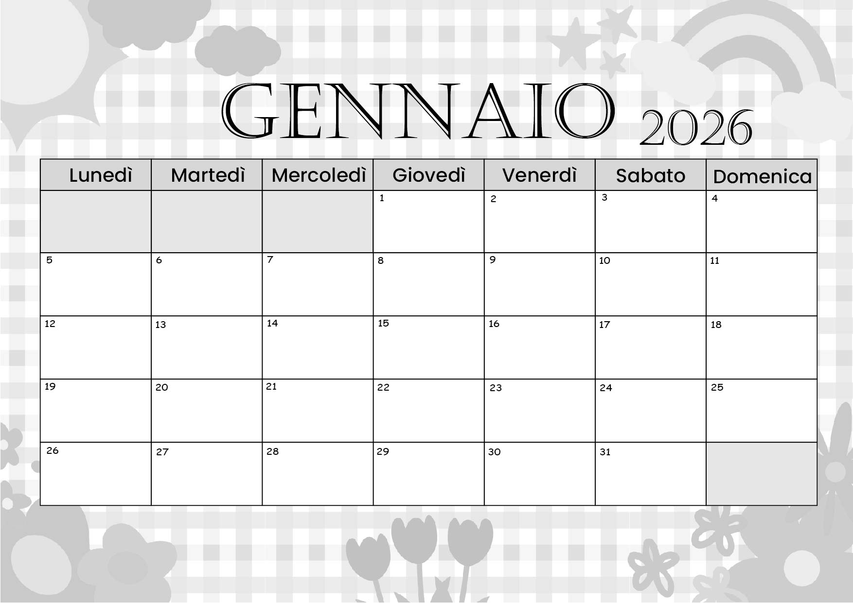 Calendario Gennaio 2026 da stampare