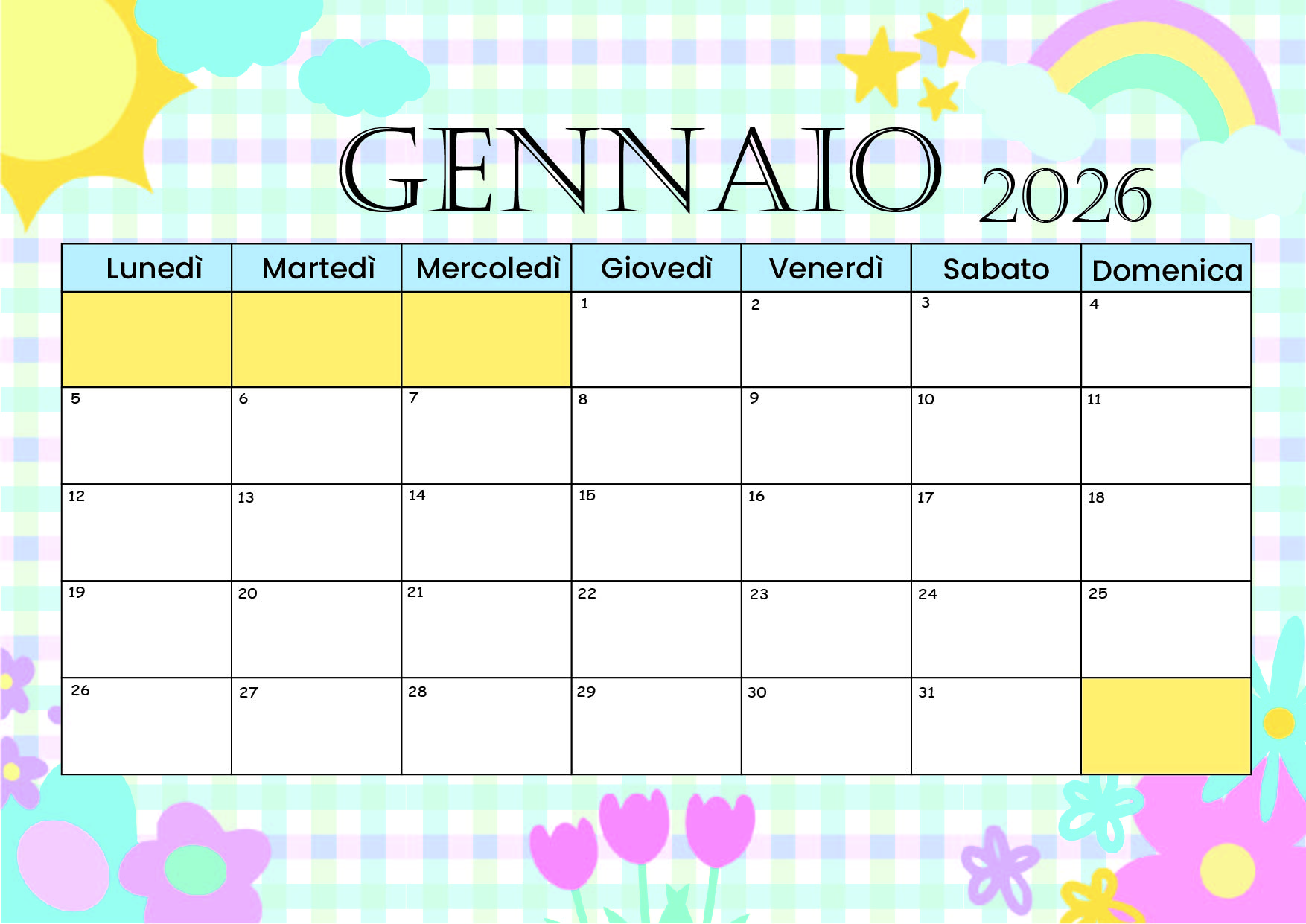 Calendario Gennaio 2026 da stampare
