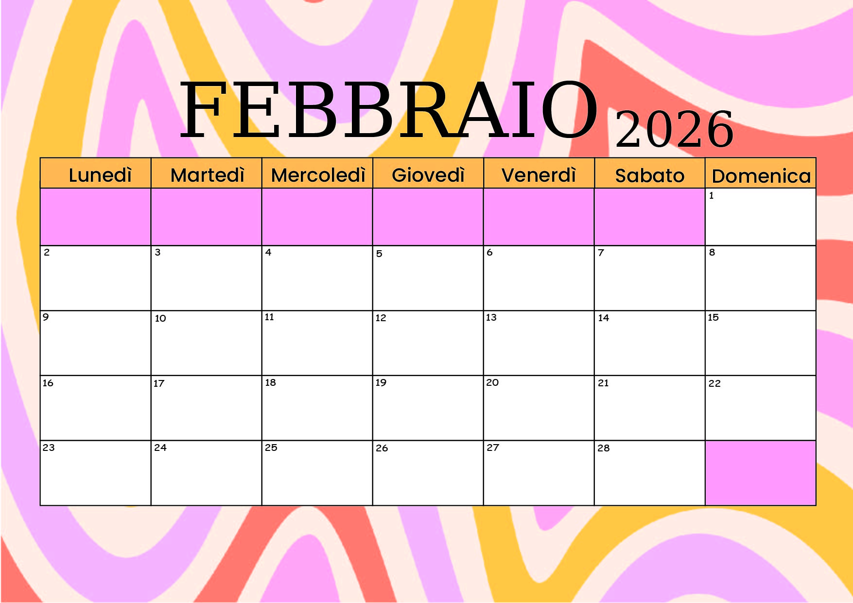 Calendario Febbraio 2026 da stampare