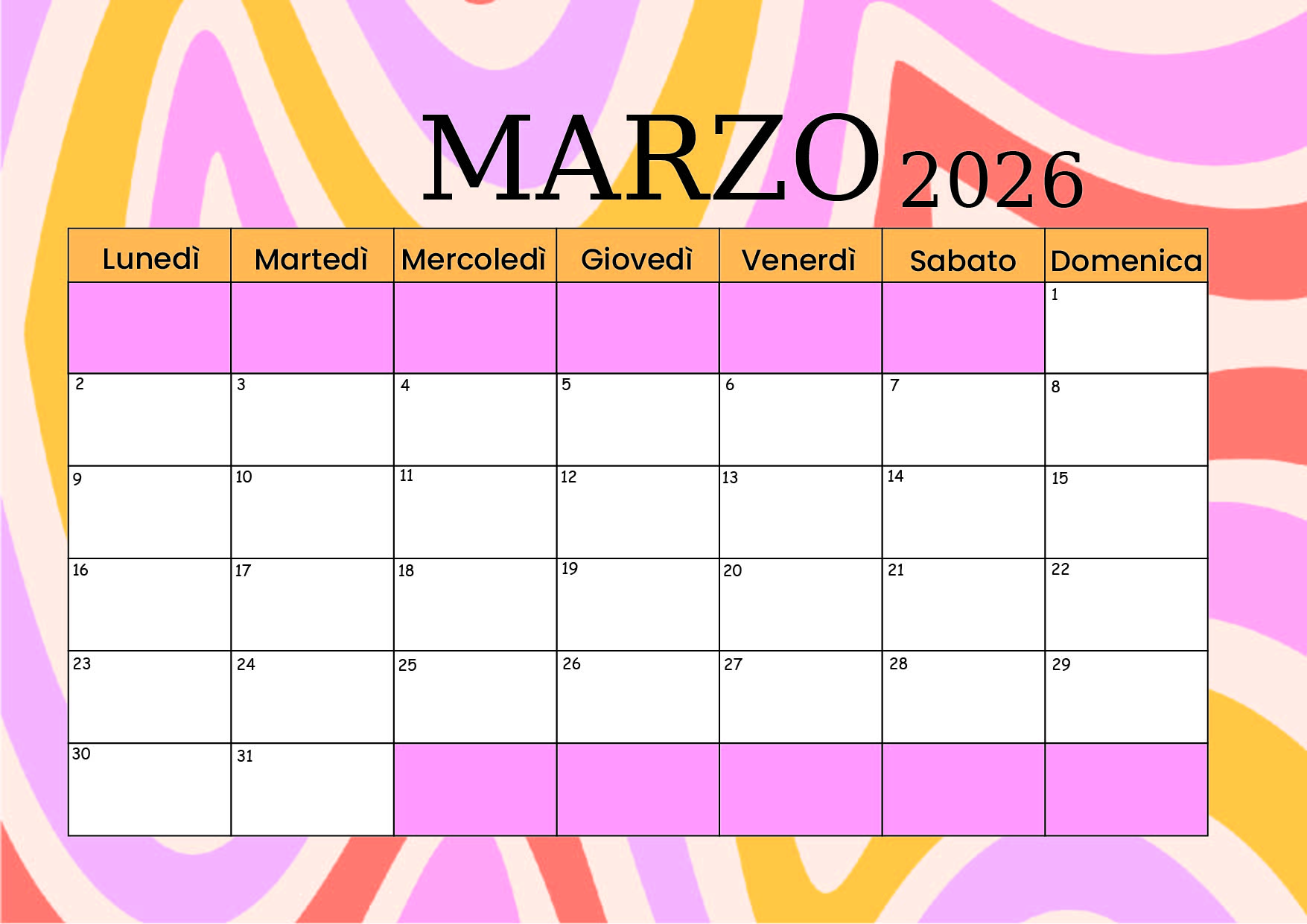 Calendario Marzo 2026 da stampare