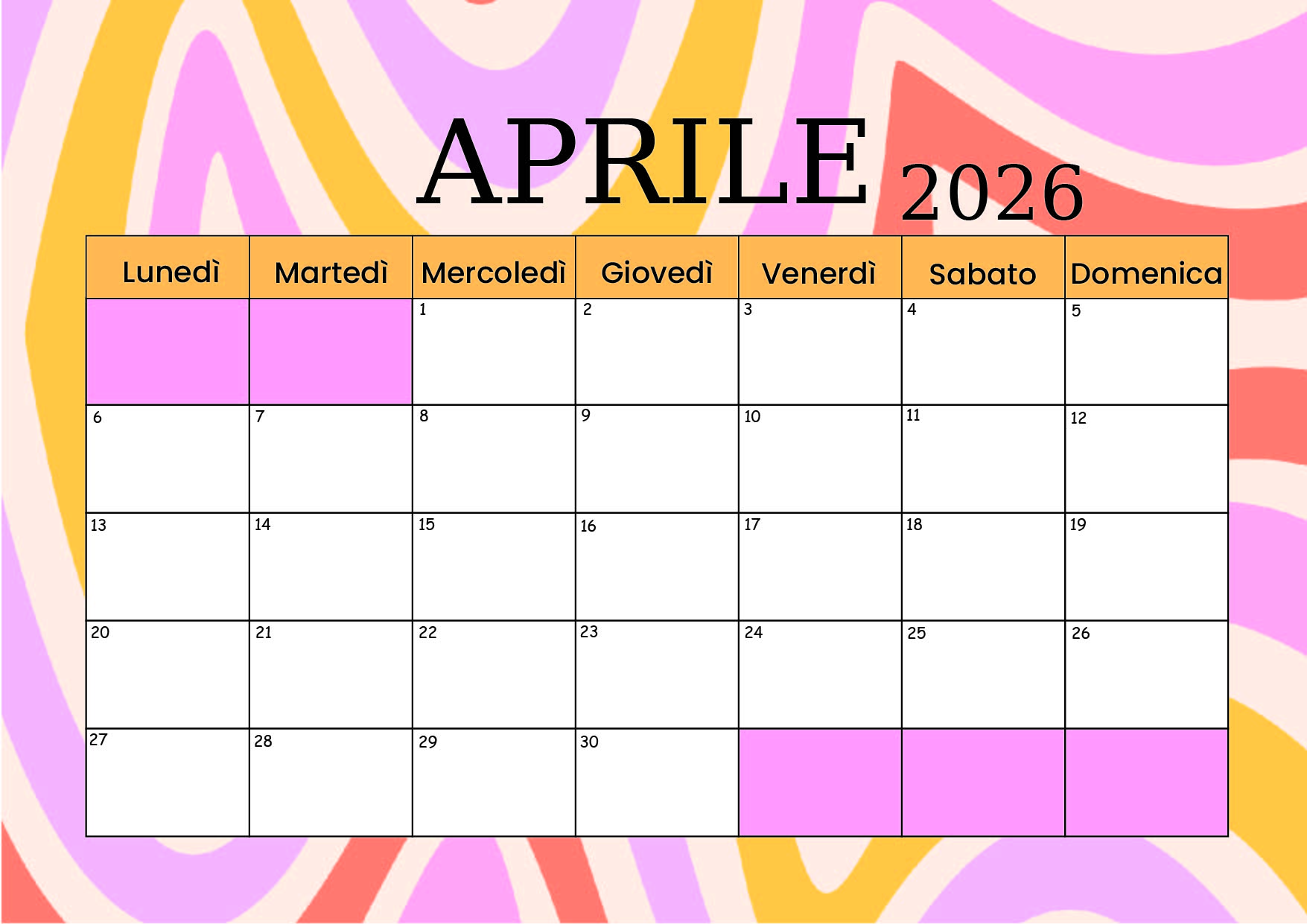 Calendario Aprile 2026 da stampare