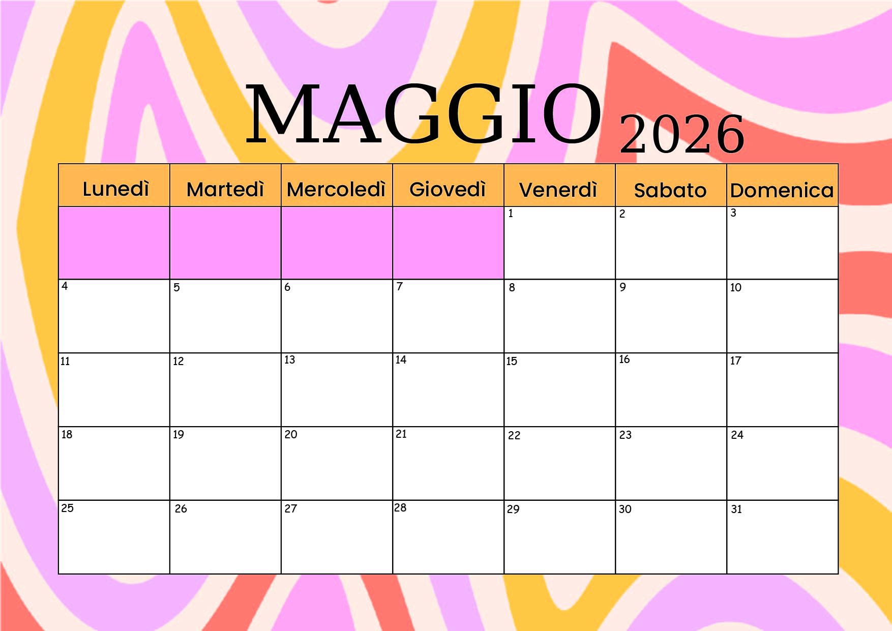 Calendario di Maggio 2026 da stampare in PDF