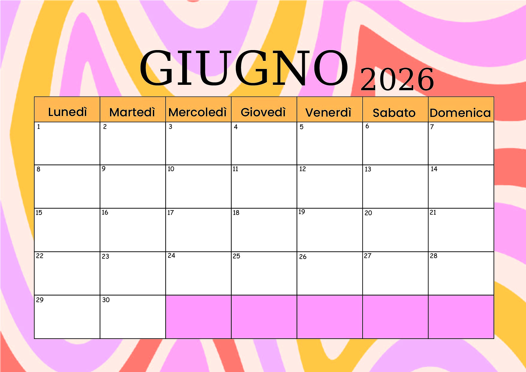 Calendario Giugno 2026 da stampare