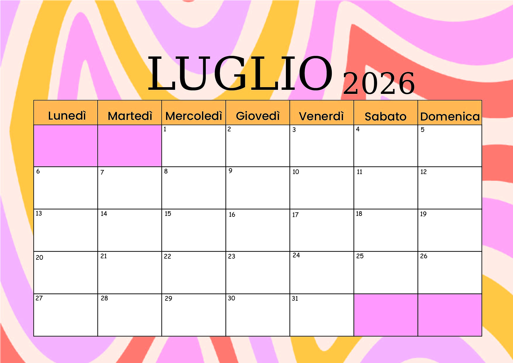 Calendario di Luglio 2026 da stampare in PDF