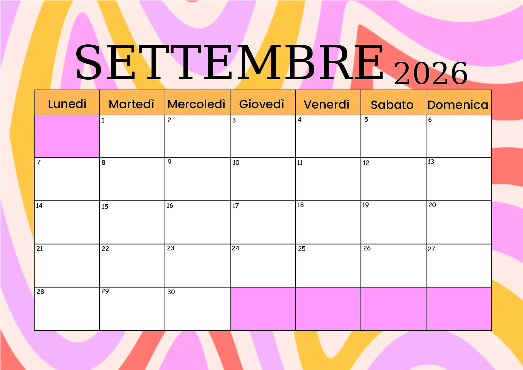 Calendario Settembre 2026 da stampare