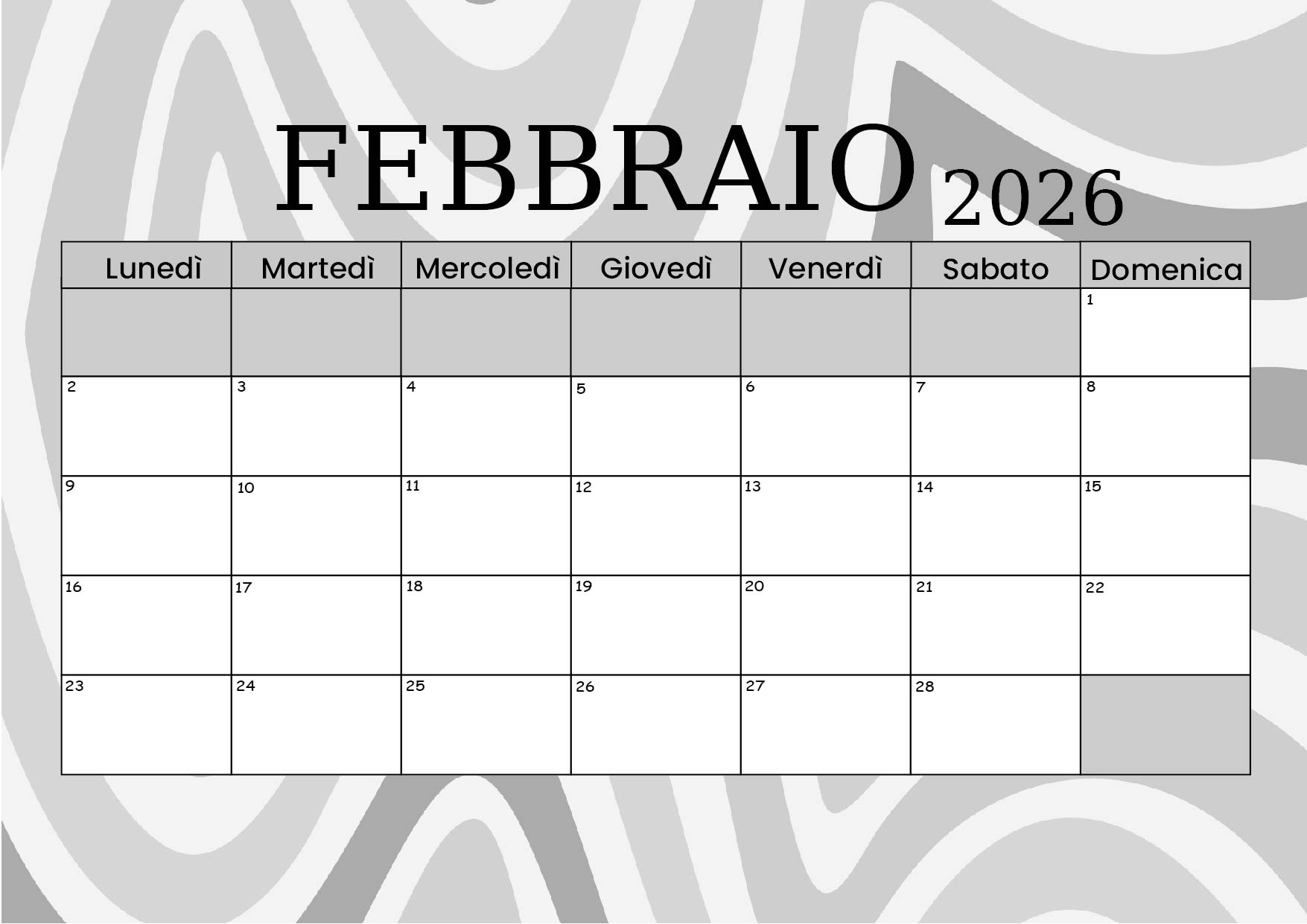 Calendario Febbraio 2026 da stampare