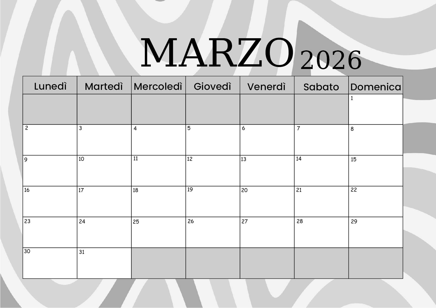 Calendario Marzo 2026 da stampare