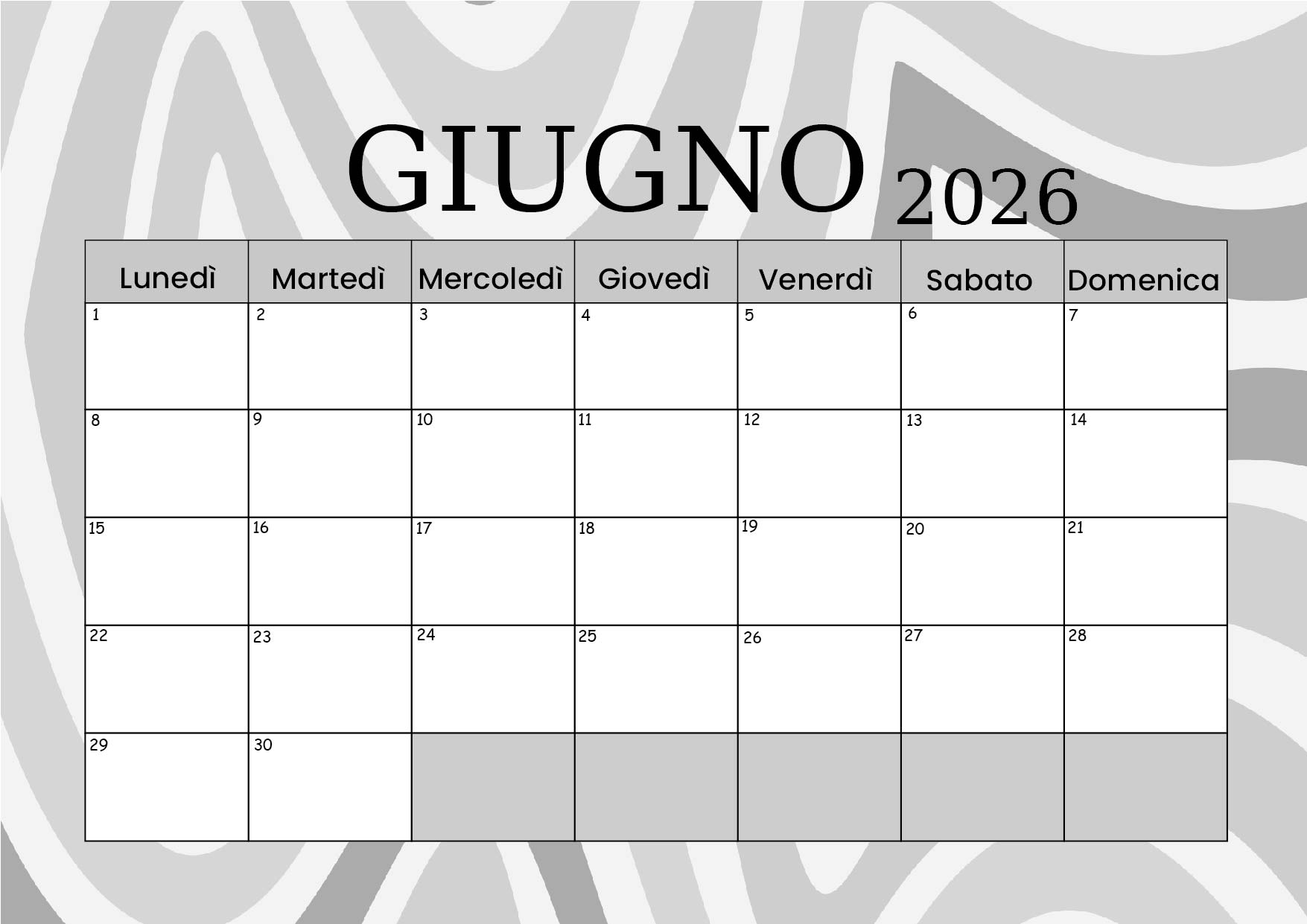 Calendario Giugno 2026 da stampare