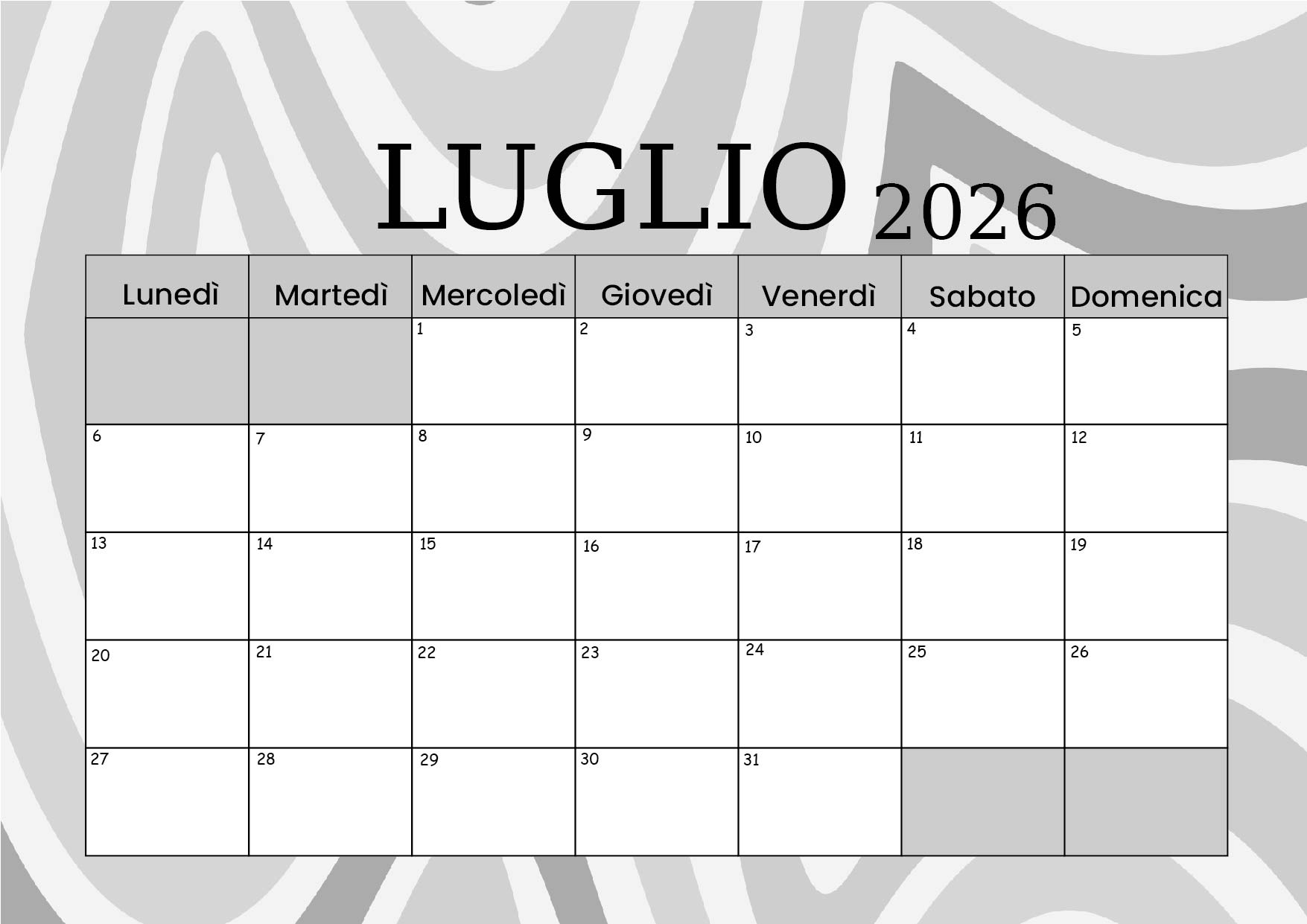 Calendario di Luglio 2026 da stampare in PDF