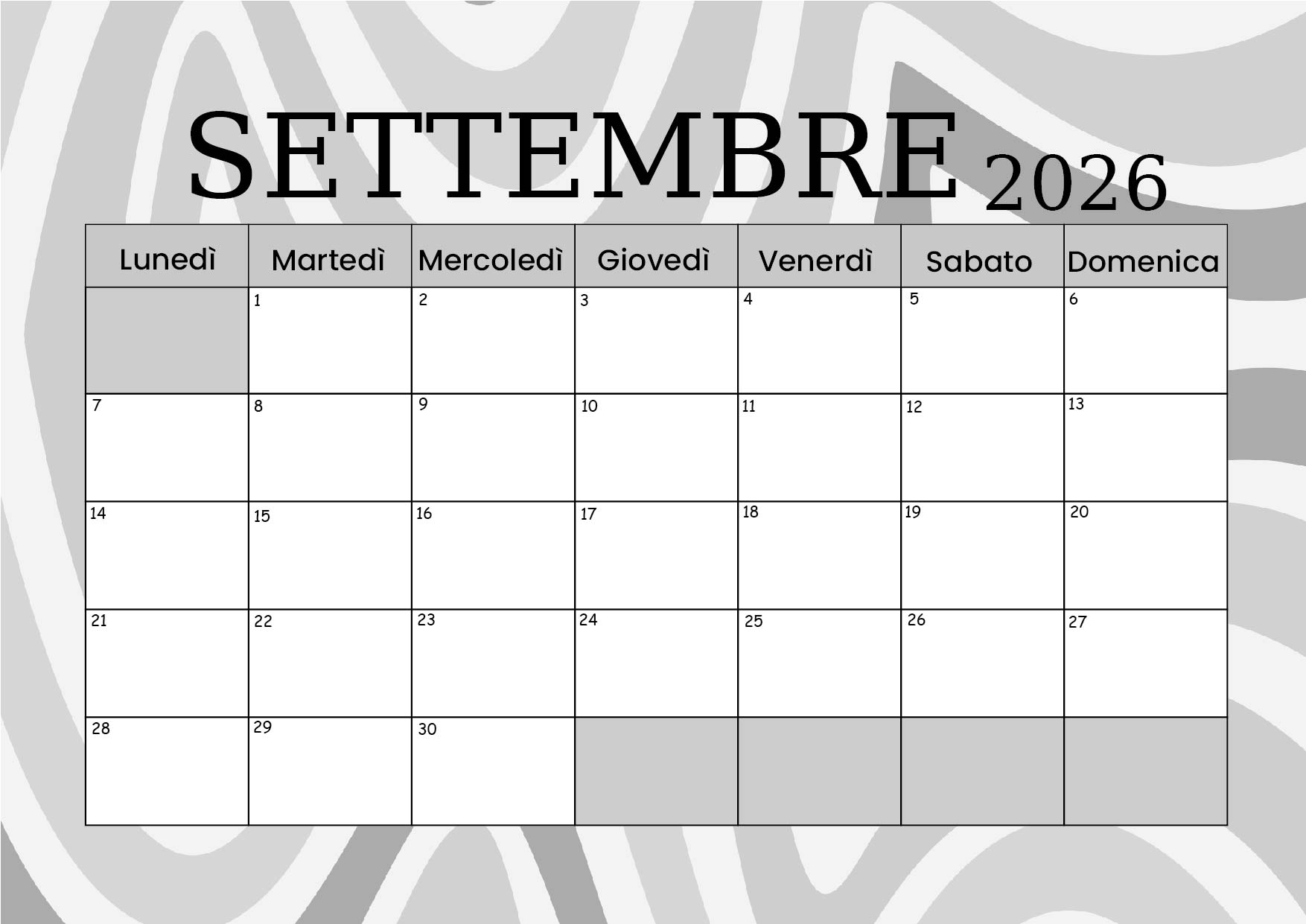 Calendario Settembre 2026 da stampare