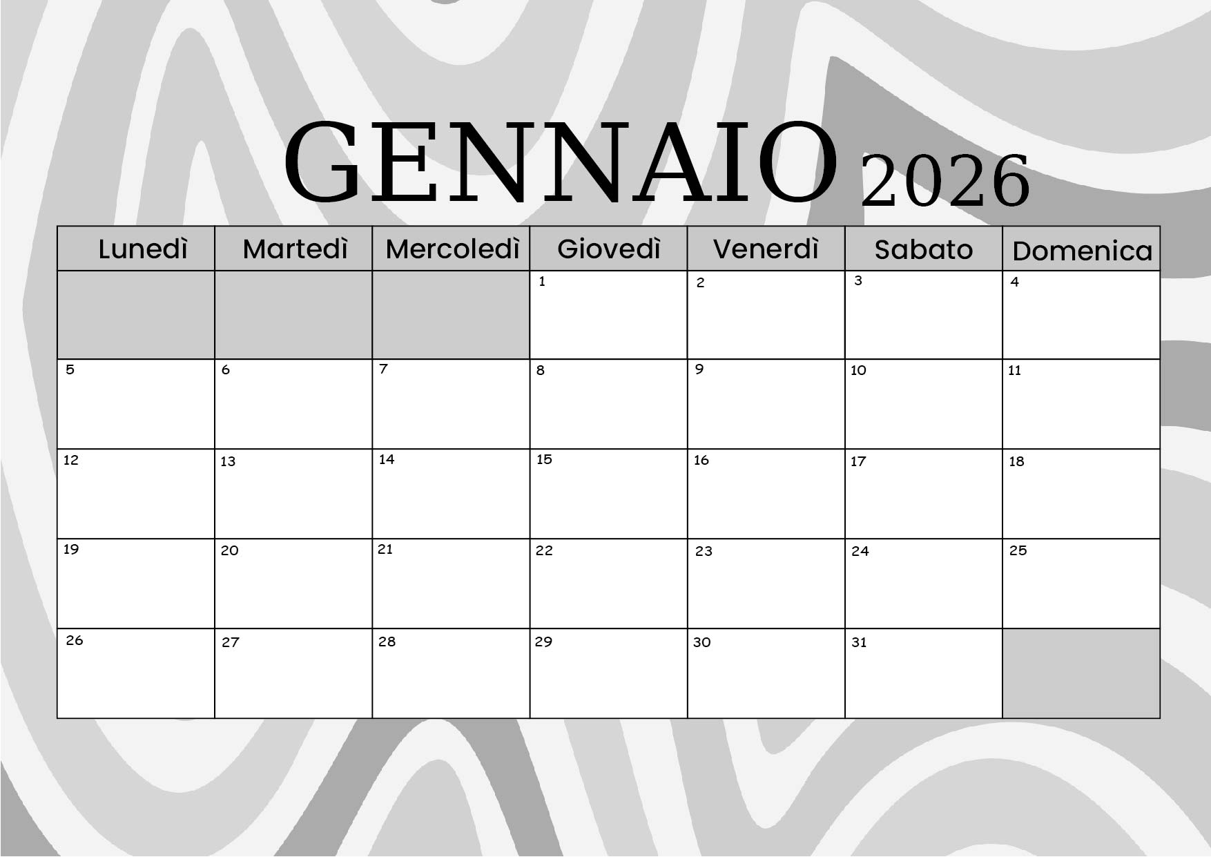 Calendario Gennaio 2026 da stampare