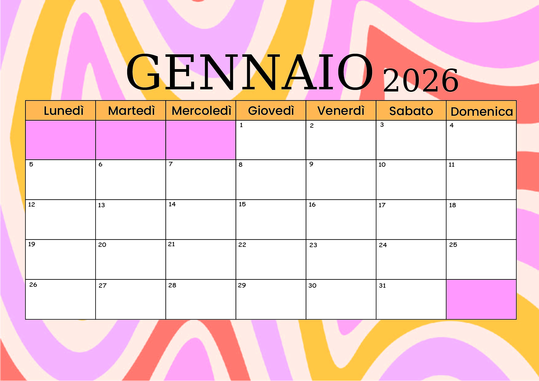 Calendario Gennaio 2026 da stampare