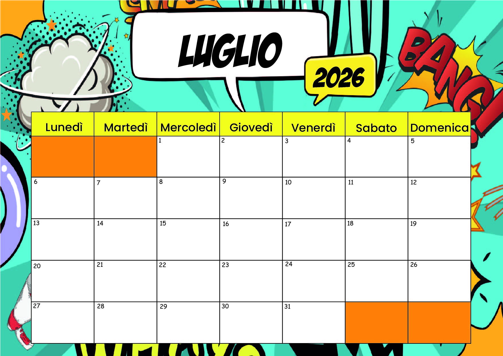 Calendario di Luglio 2026 da stampare in PDF