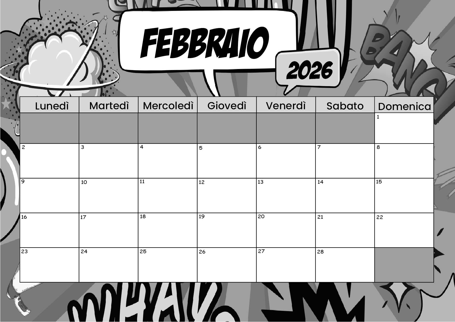 Calendario Febbraio 2026 da stampare