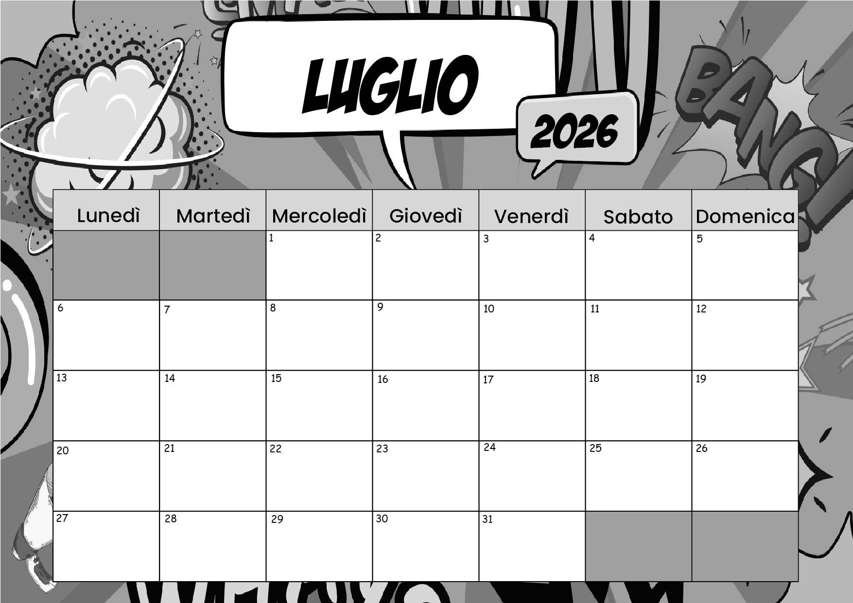 Calendario di Luglio 2026 da stampare in PDF