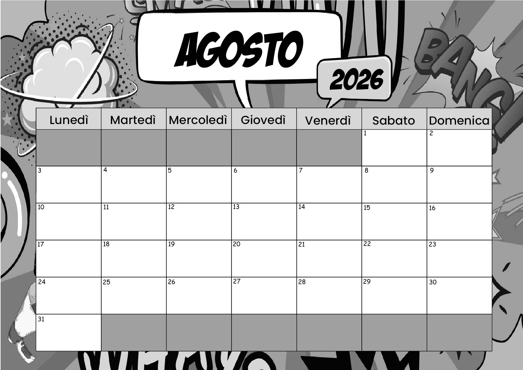 Calendario Agosto 2026 da stampare