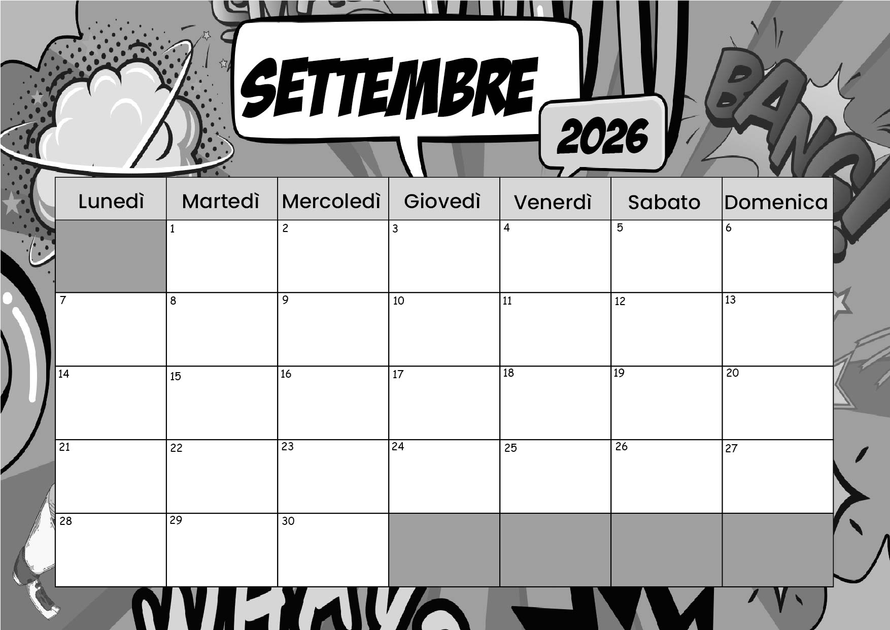 Calendario Settembre 2026 da stampare