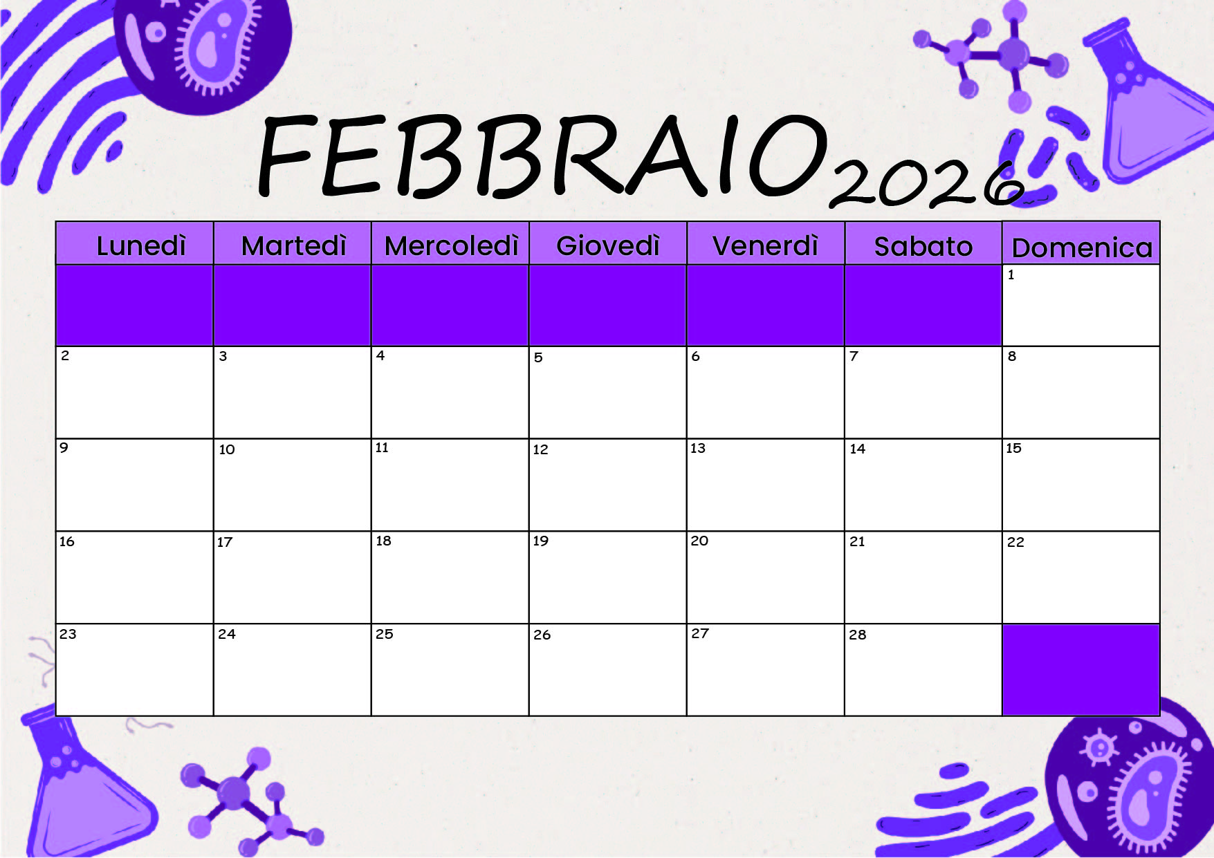 Calendario Febbraio 2026 da stampare