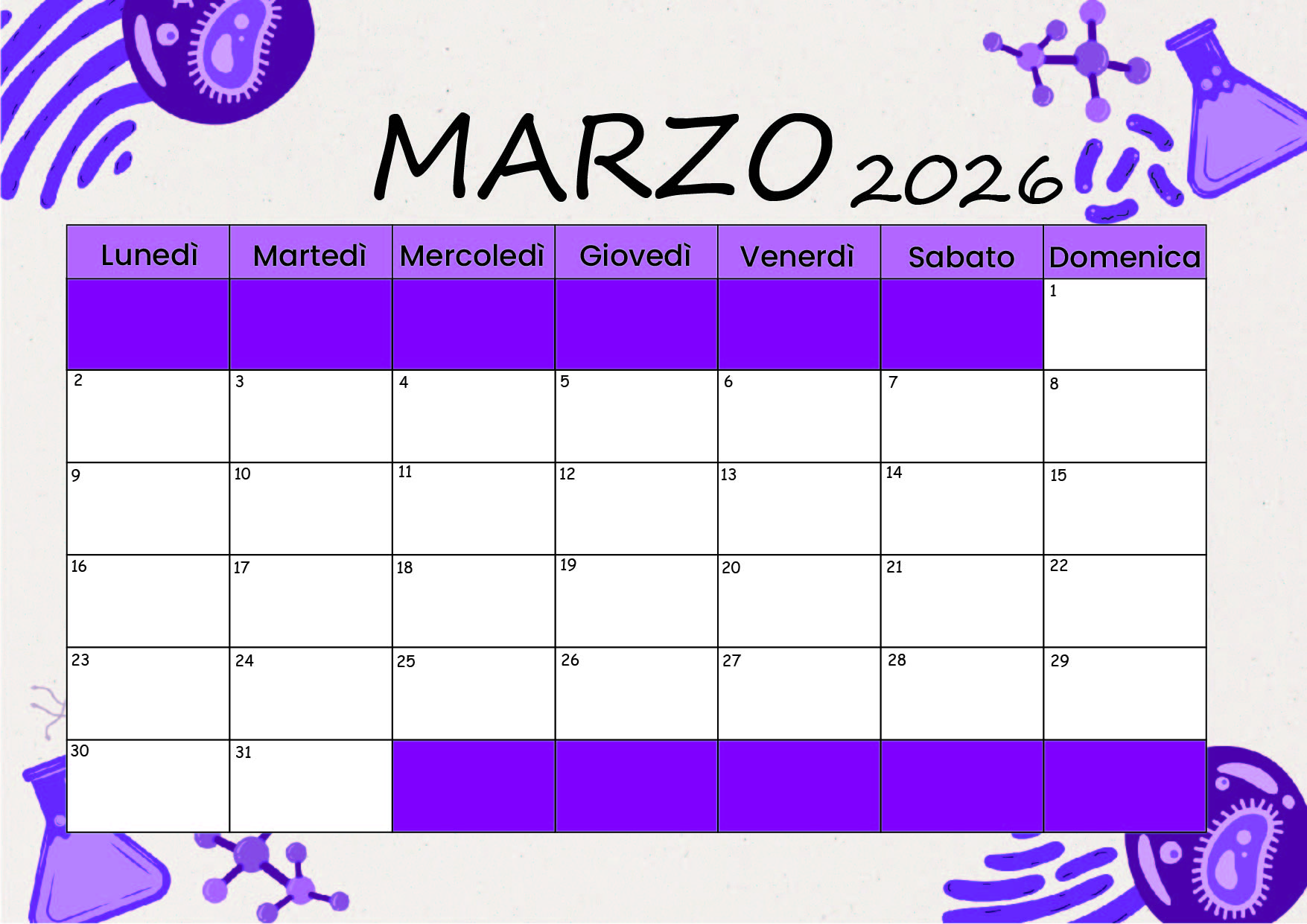 Calendario Marzo 2026 da stampare