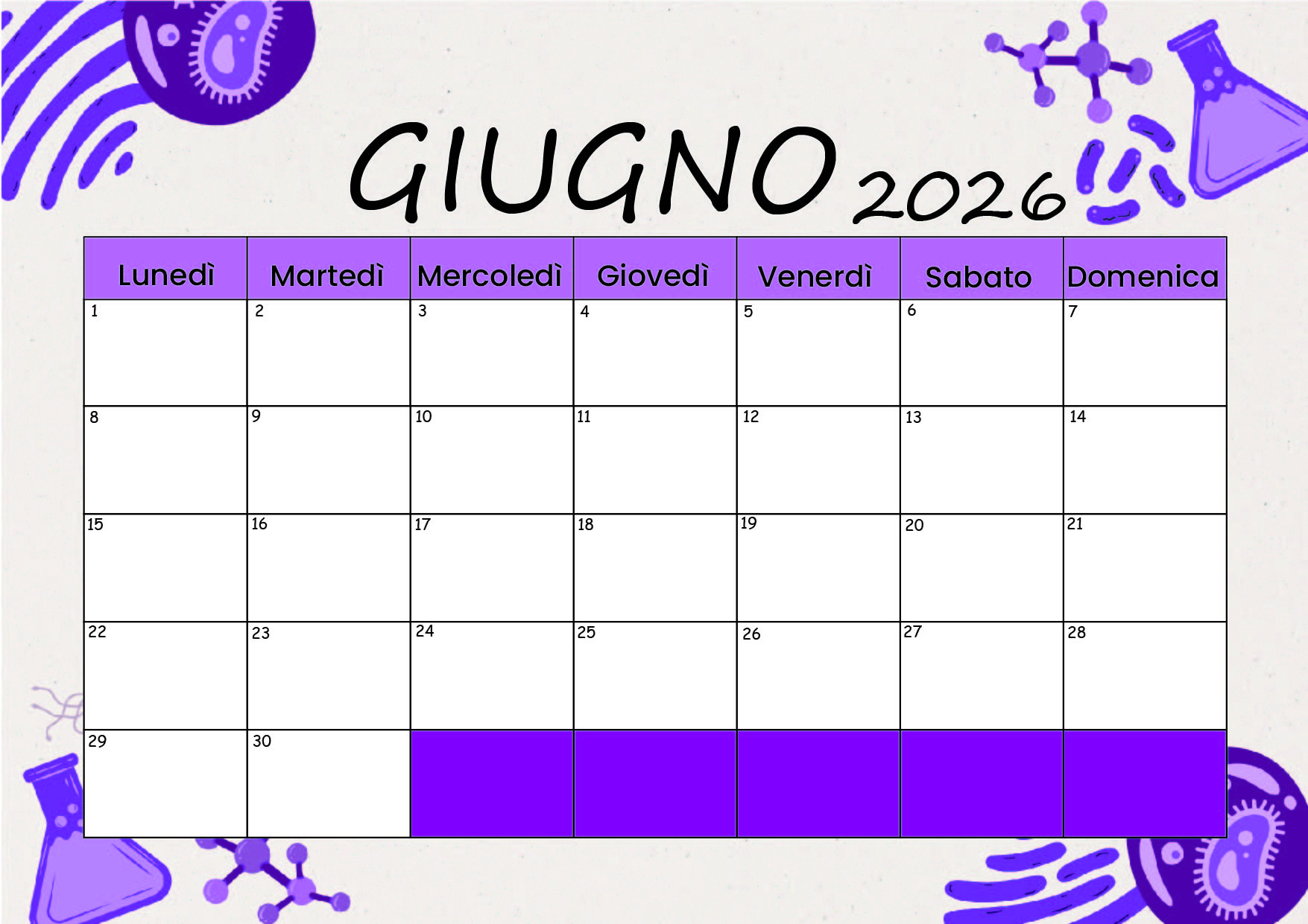 Calendario Giugno 2026 da stampare