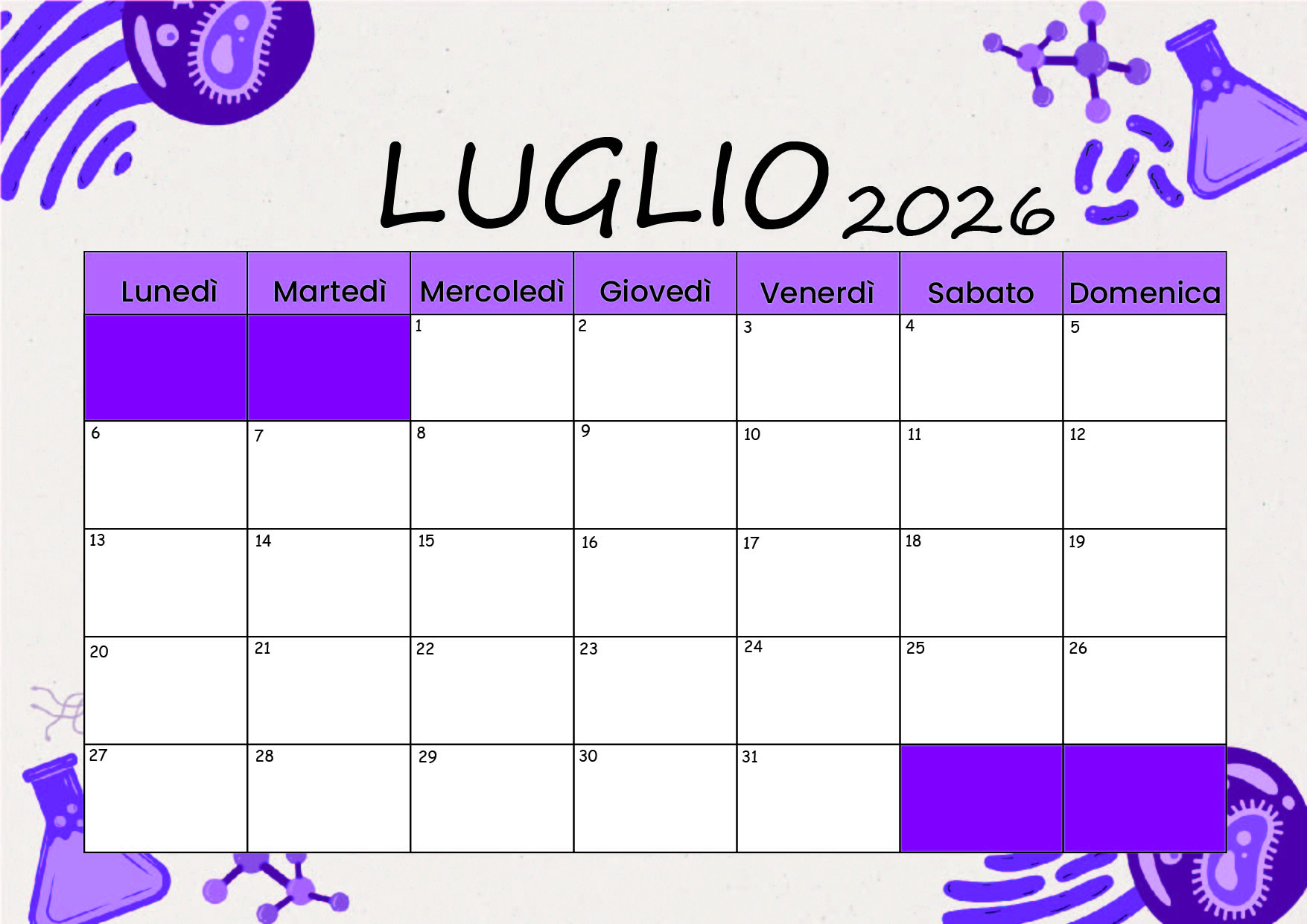 Calendario di Luglio 2026 da stampare in PDF