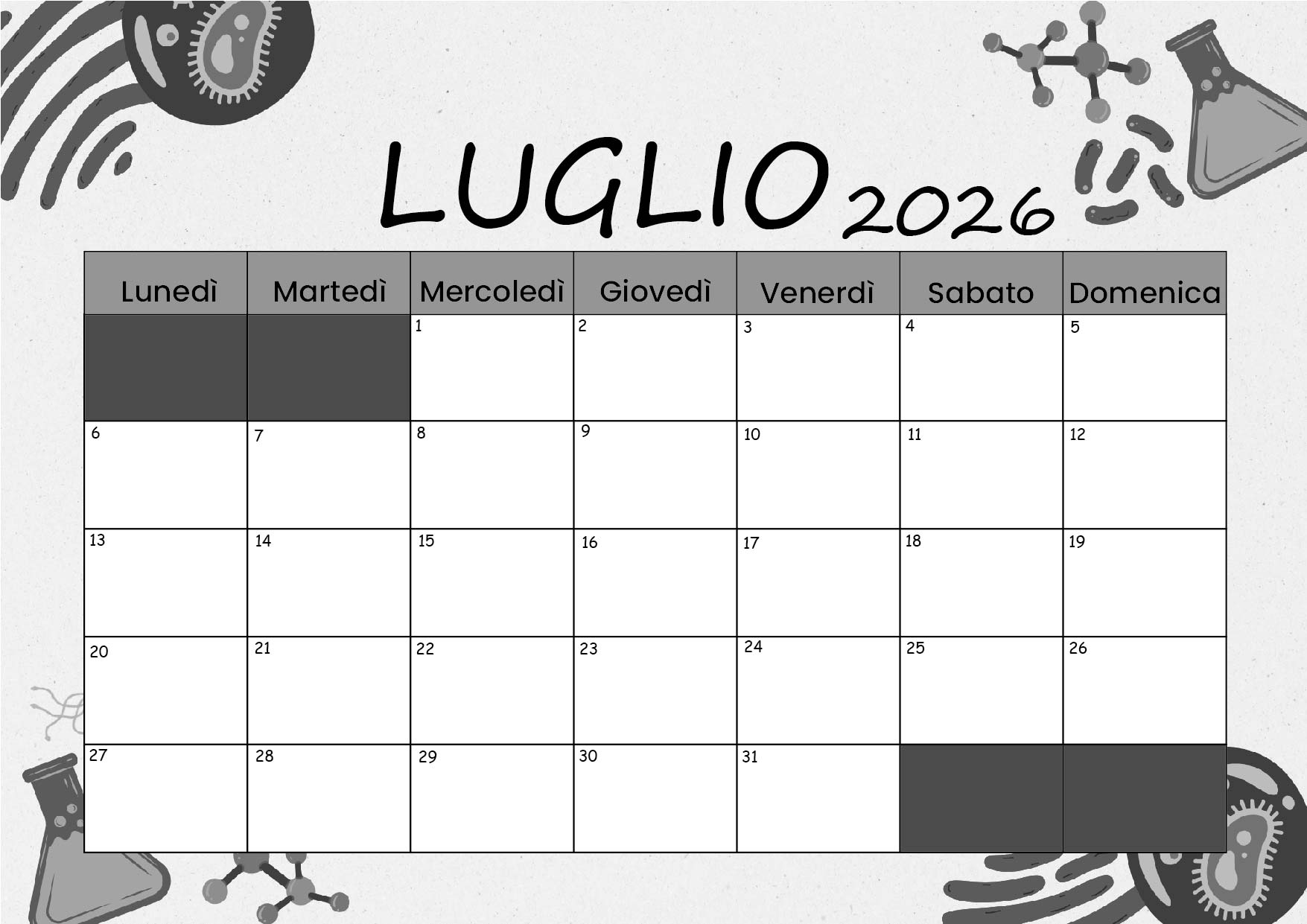 Calendario di Luglio 2026 da stampare in PDF