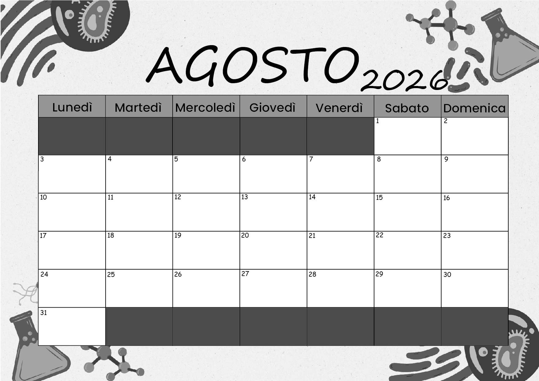 Calendario Agosto 2026 da stampare