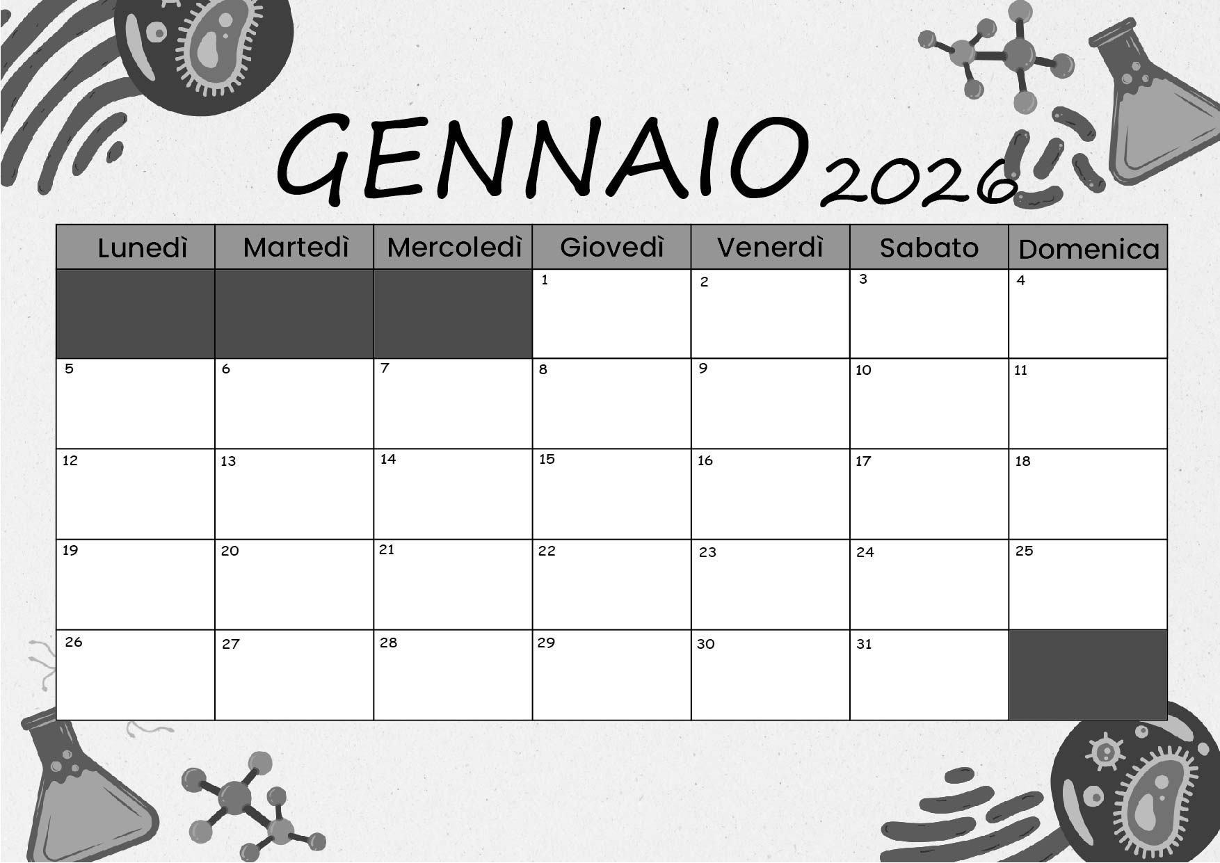 Calendario Gennaio 2026 da stampare