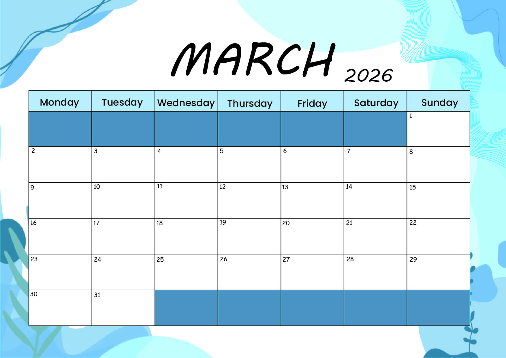 March 2026 Calendar for Printing