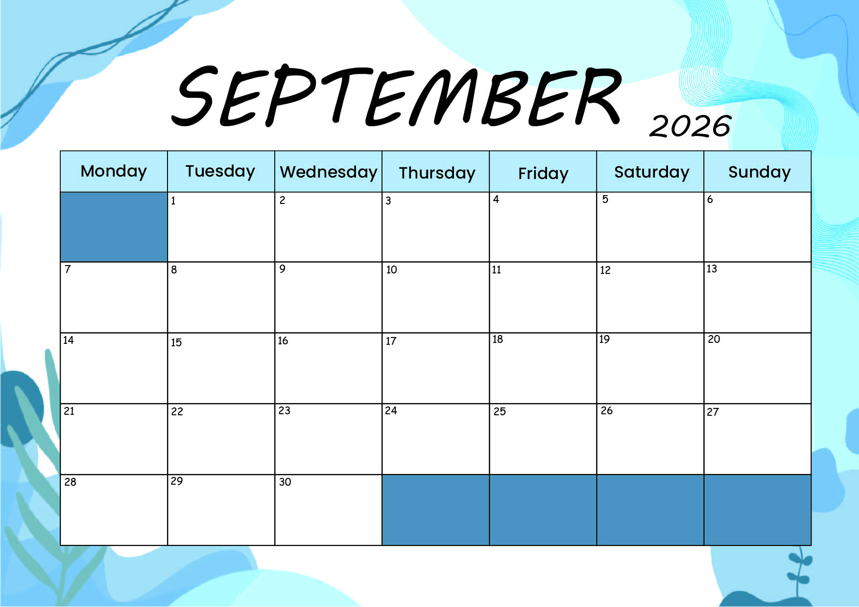 September 2026 Calendar for Printing