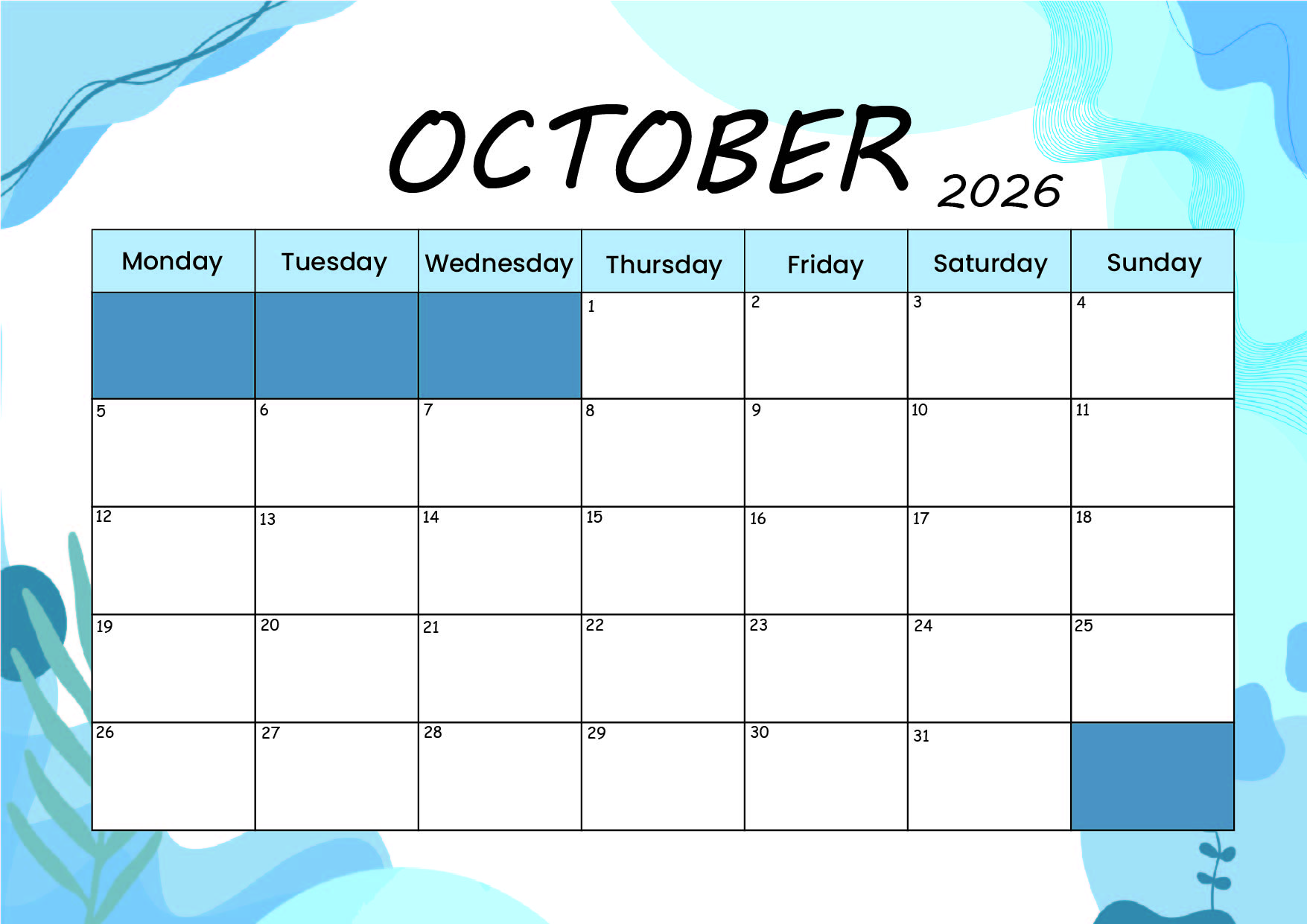 October 2026 Calendar for Printing