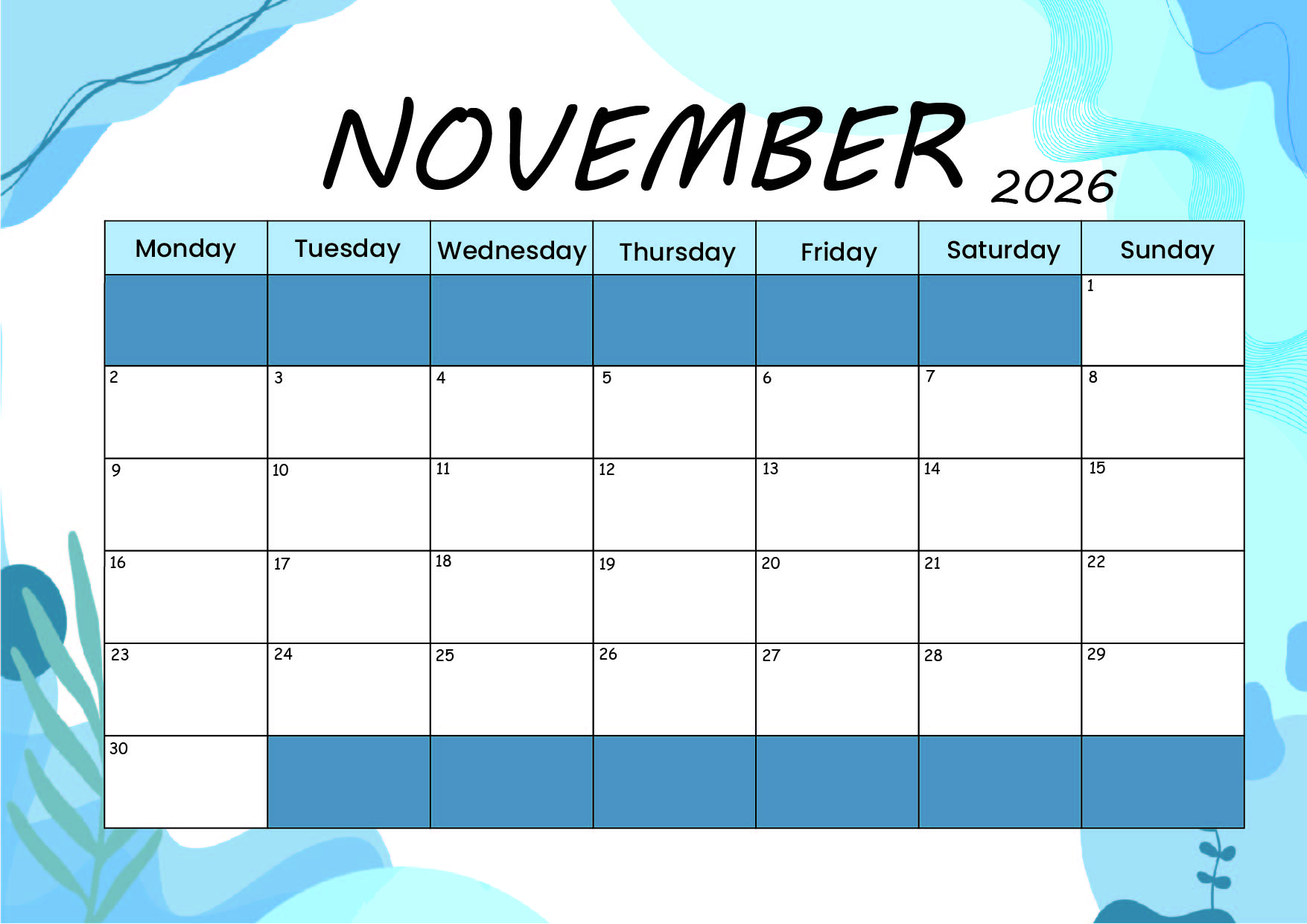 November 2026 Calendar for Printing in PDF