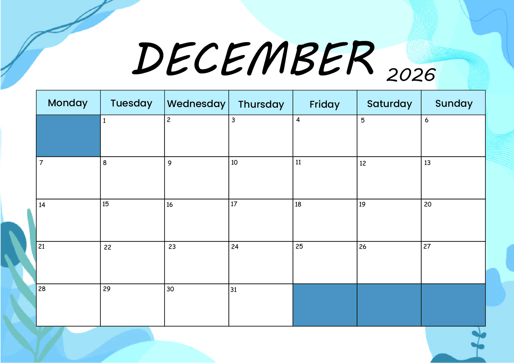 December 2026 Calendar for Printing