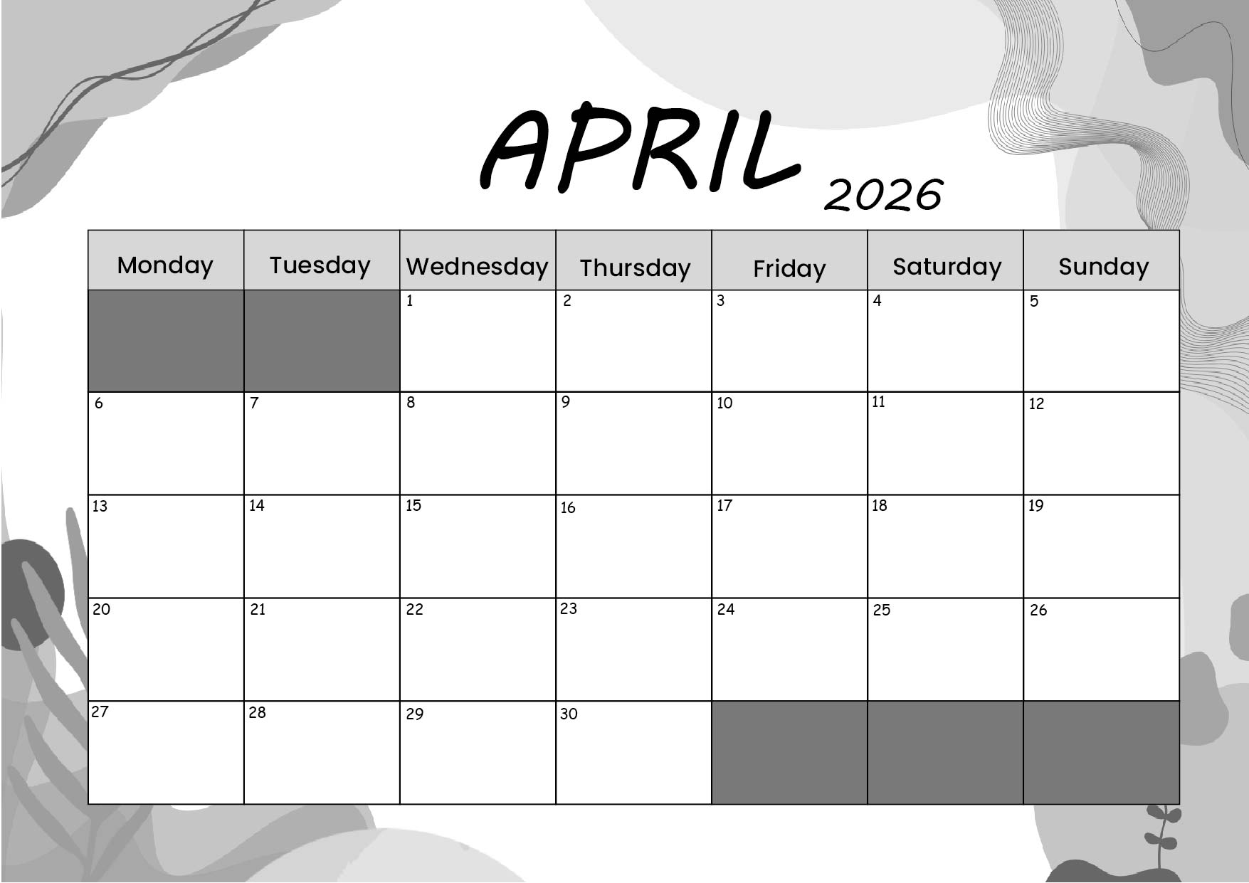 April 2026 Calendar for Printing in PDF