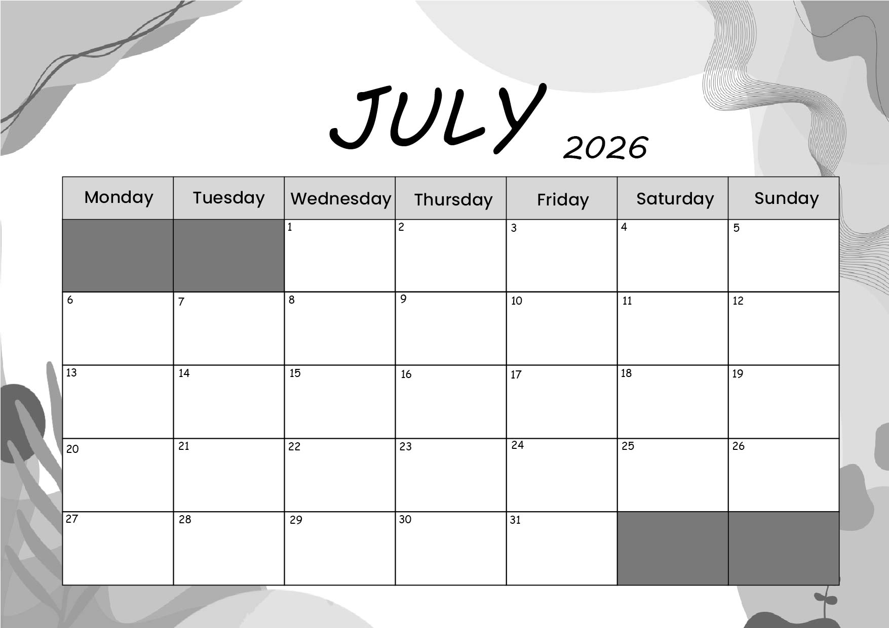 July 2026 Calendar for Printing