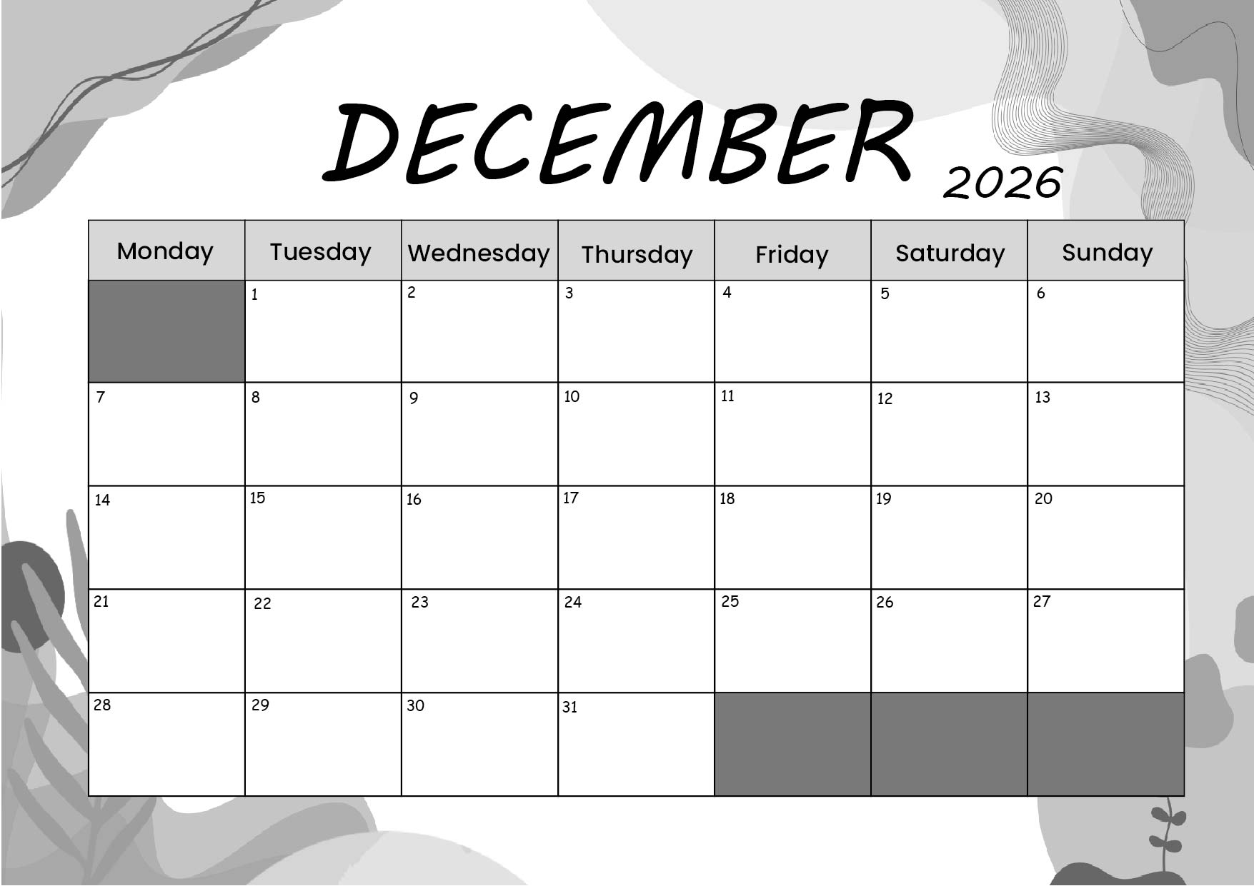 December 2026 Calendar for Printing