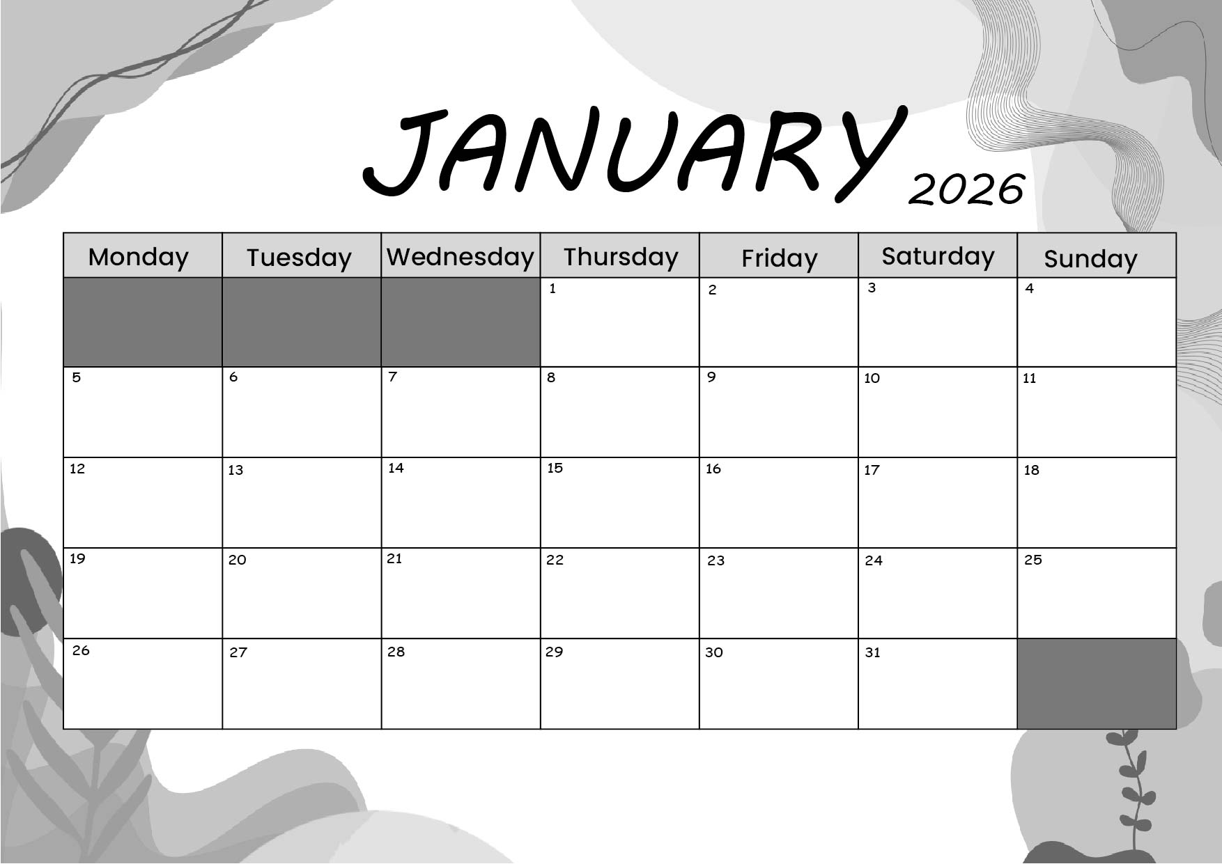 January 2026 Calendar for Printing