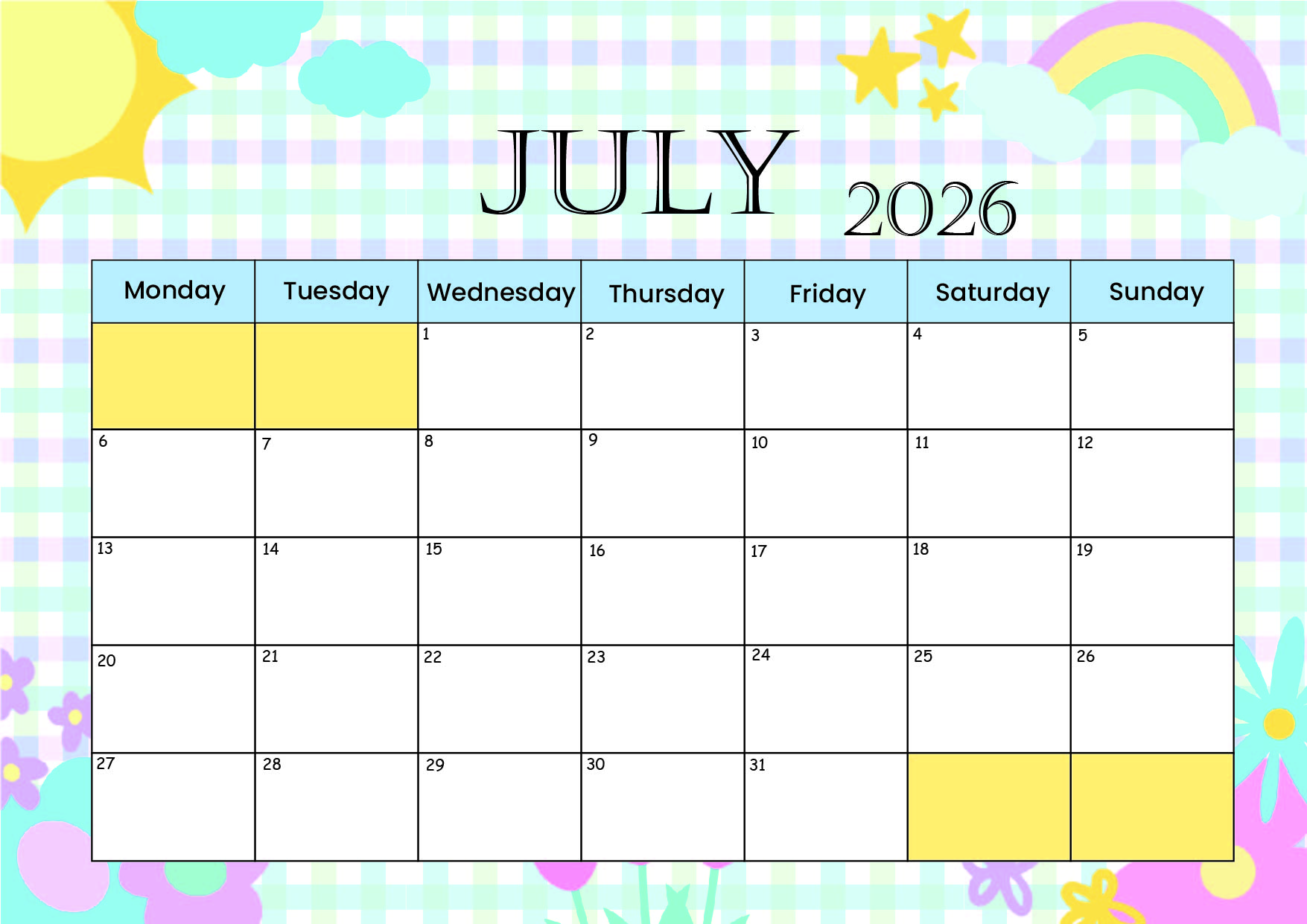 July 2026 Calendar for Printing